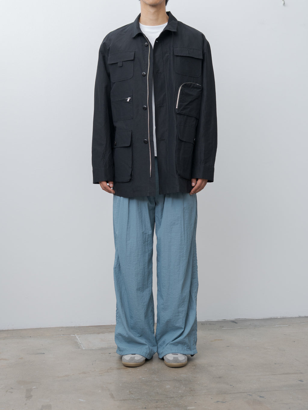 Namu Shop - Yoke Nylon 3Pleated Wide-Leg Easy Trousers - Fog Blue