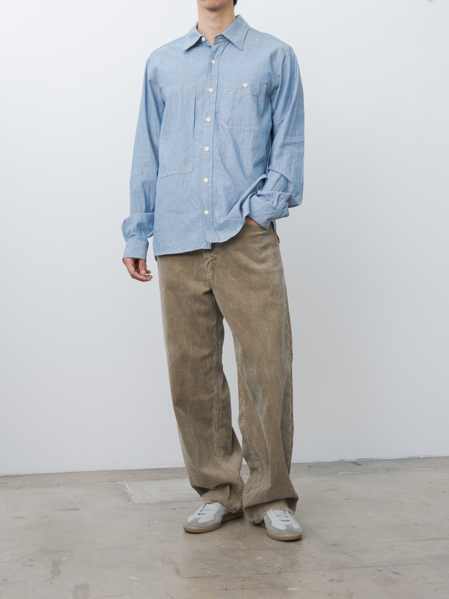 Namu Shop - ts(s) Indigo Cotton Chambray Asymmetric Pocket Work Shirt - Blue