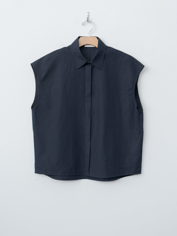 Namu Shop - Aton Silk Linen Shantung Shirt Vest - Navy x Pinstripe