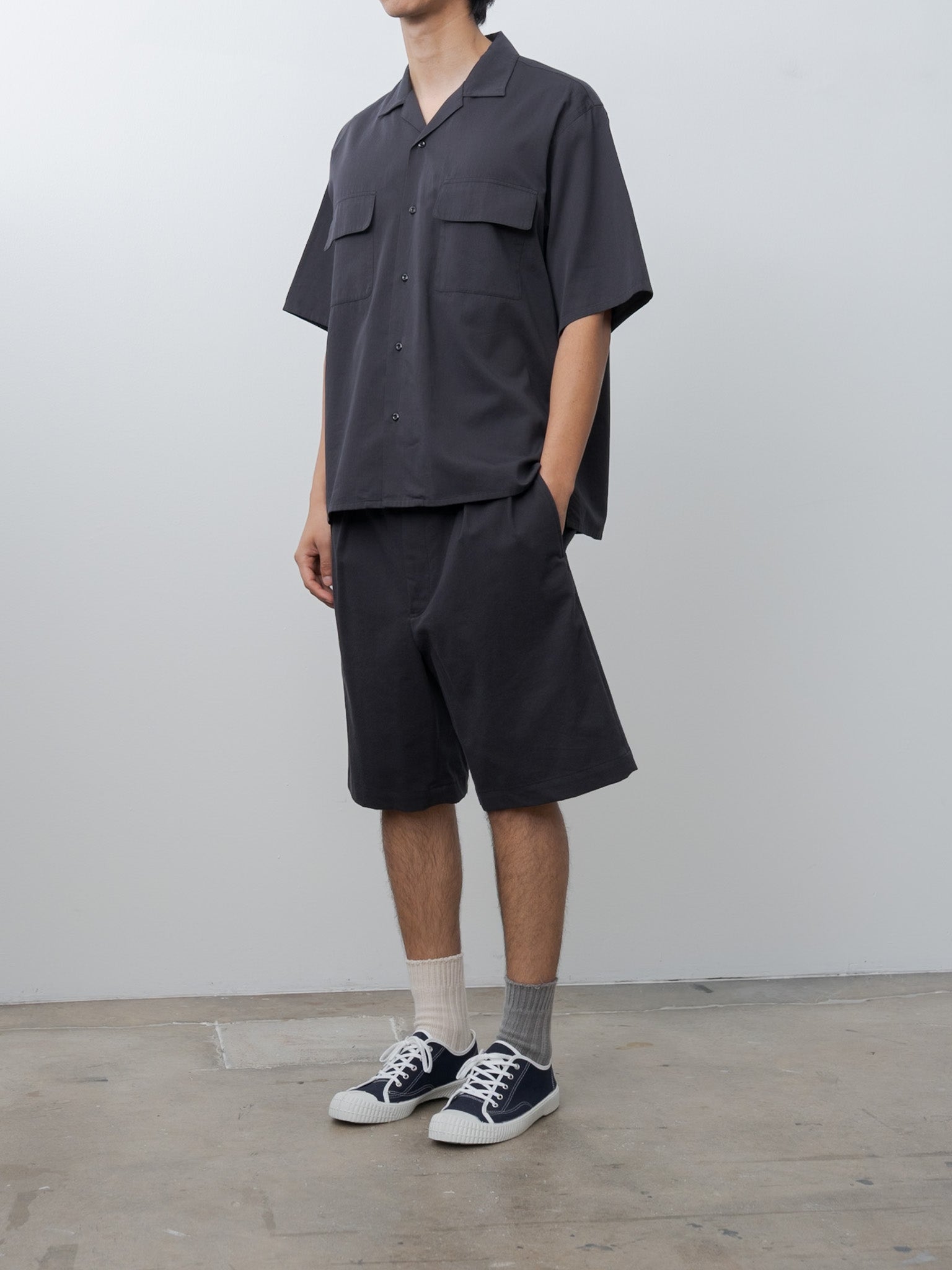 Namu Shop - Y Organic Cotton Washer Satin Open Collar Shirt - Navy