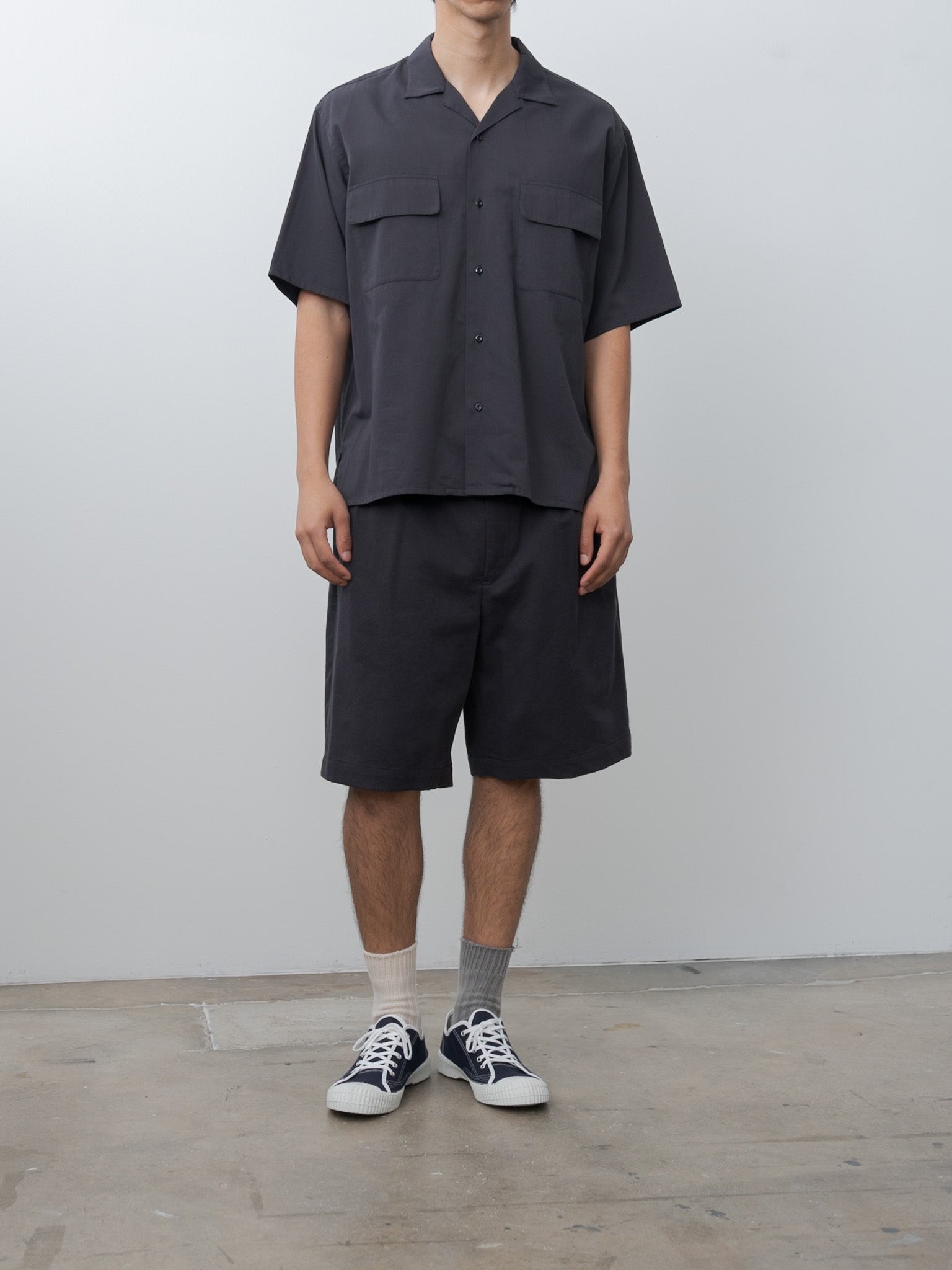 Namu Shop - Y Organic Cotton Washer Satin Open Collar Shirt - Navy