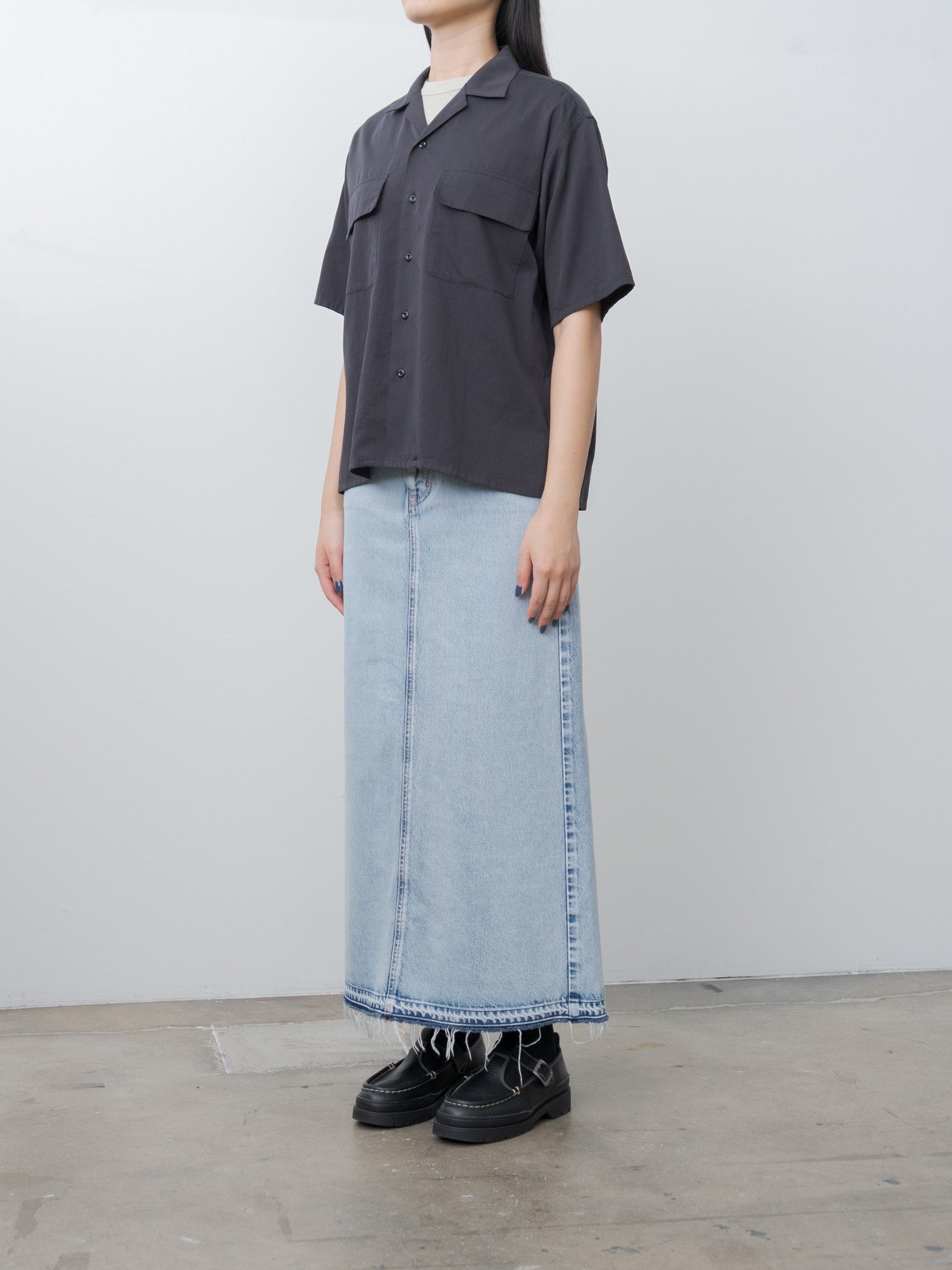 Namu Shop - Y Organic Cotton Washer Satin Open Collar Shirt - Navy
