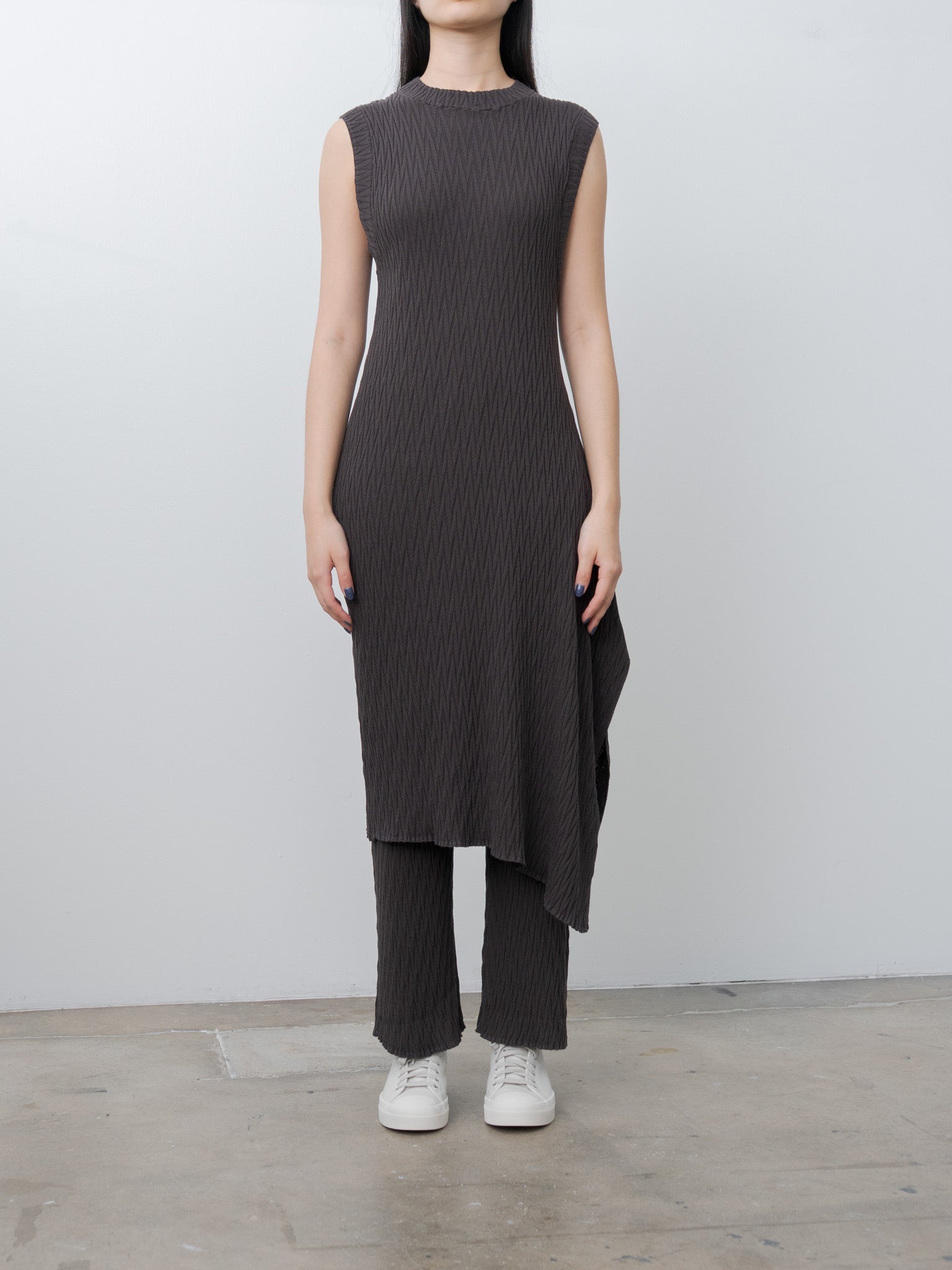 Namu Shop - Unfil High Twist Cotton Ribbed Knit Pants - Charcoal Brown