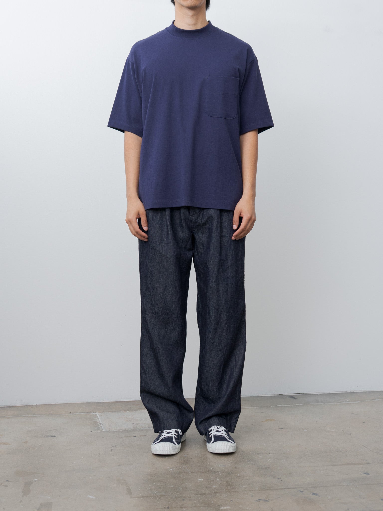 Namu Shop - Document Cotton Mock Neck Pocket T-Shirt - Blue