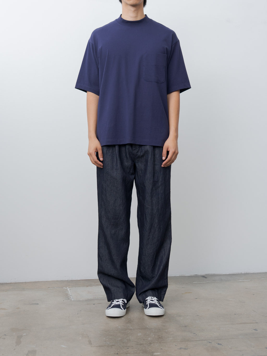 Namu Shop - Document Cotton Mock Neck Pocket T-Shirt - Blue
