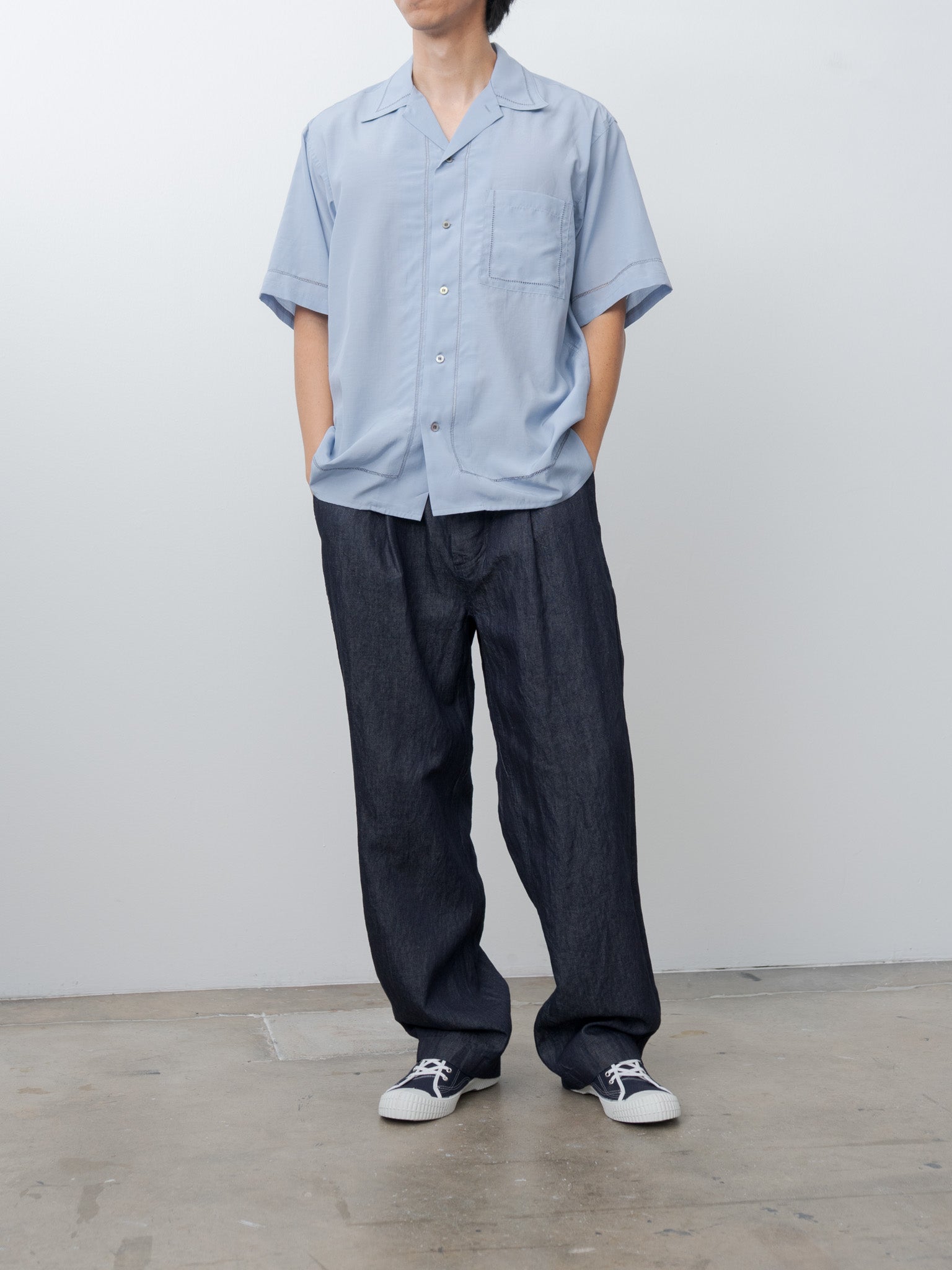 Namu Shop - Yoke Embroidery Open Collar Shirt - Saxe