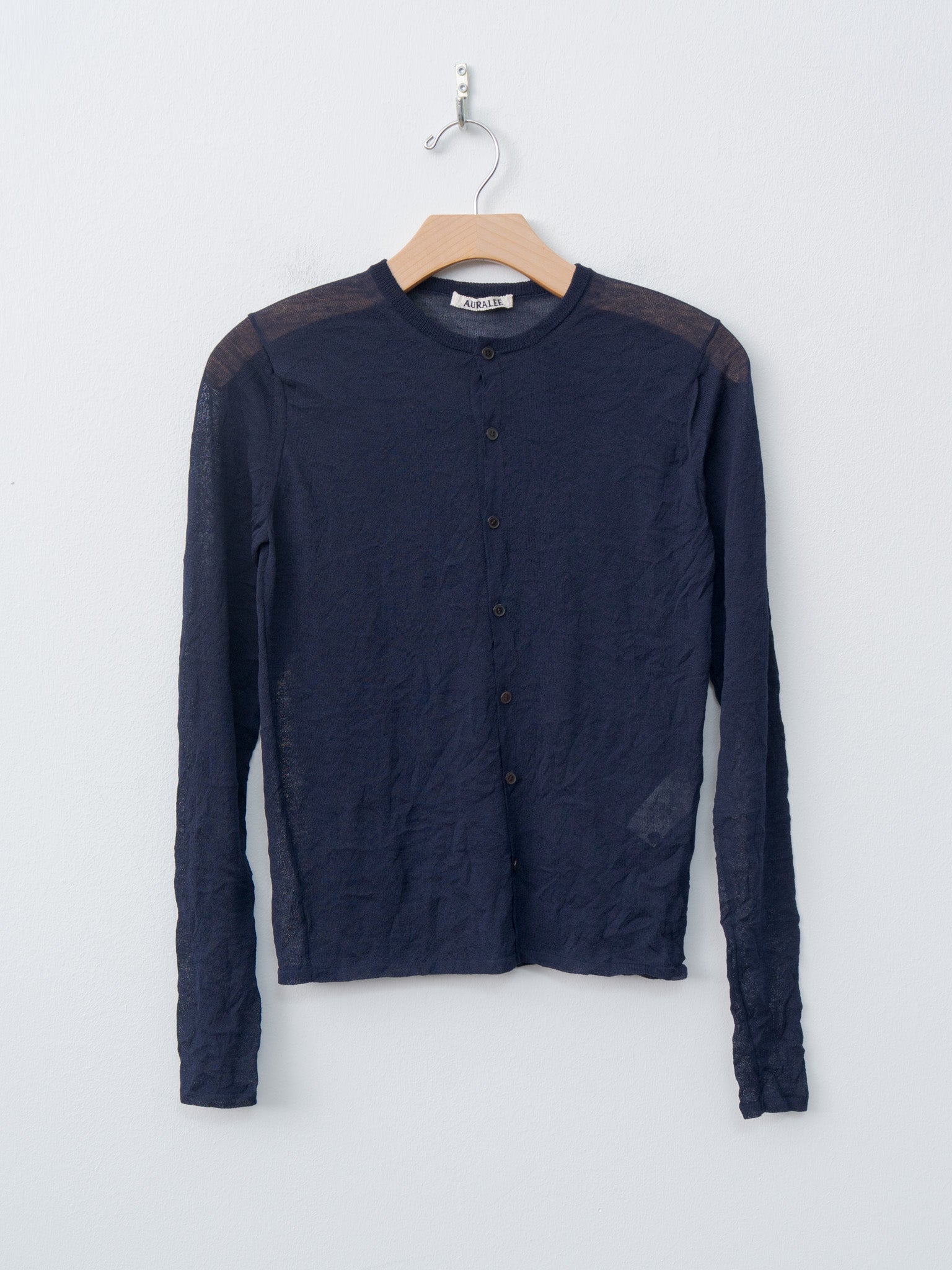 Namu Shop - Auralee Wrinkled Wool Polyester High Gauge Knit Crew Neck Cardigan - Navy