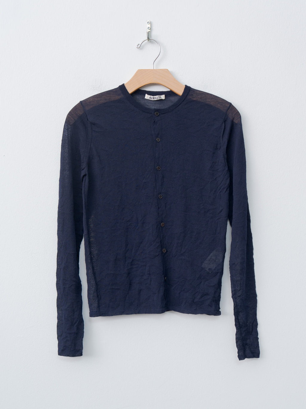 Namu Shop - Auralee Wrinkled Wool Polyester High Gauge Knit Crew Neck Cardigan - Navy