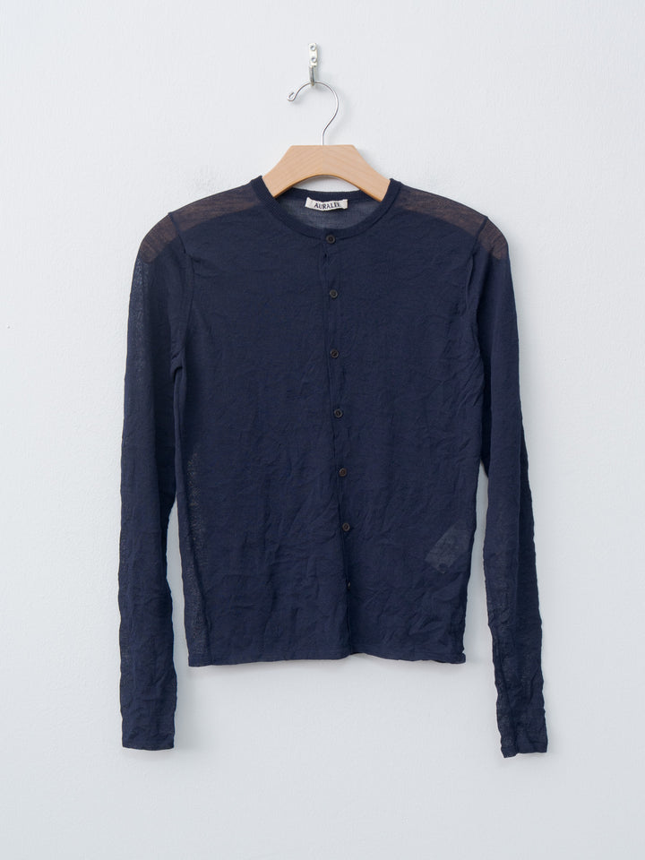 Namu Shop - Auralee Wrinkled Wool Polyester High Gauge Knit Crew Neck Cardigan - Navy