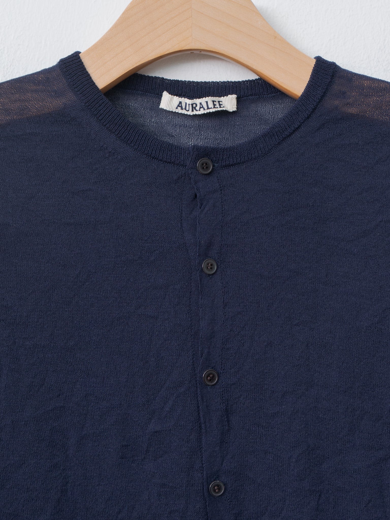 Namu Shop - Auralee Wrinkled Wool Polyester High Gauge Knit Crew Neck Cardigan - Navy