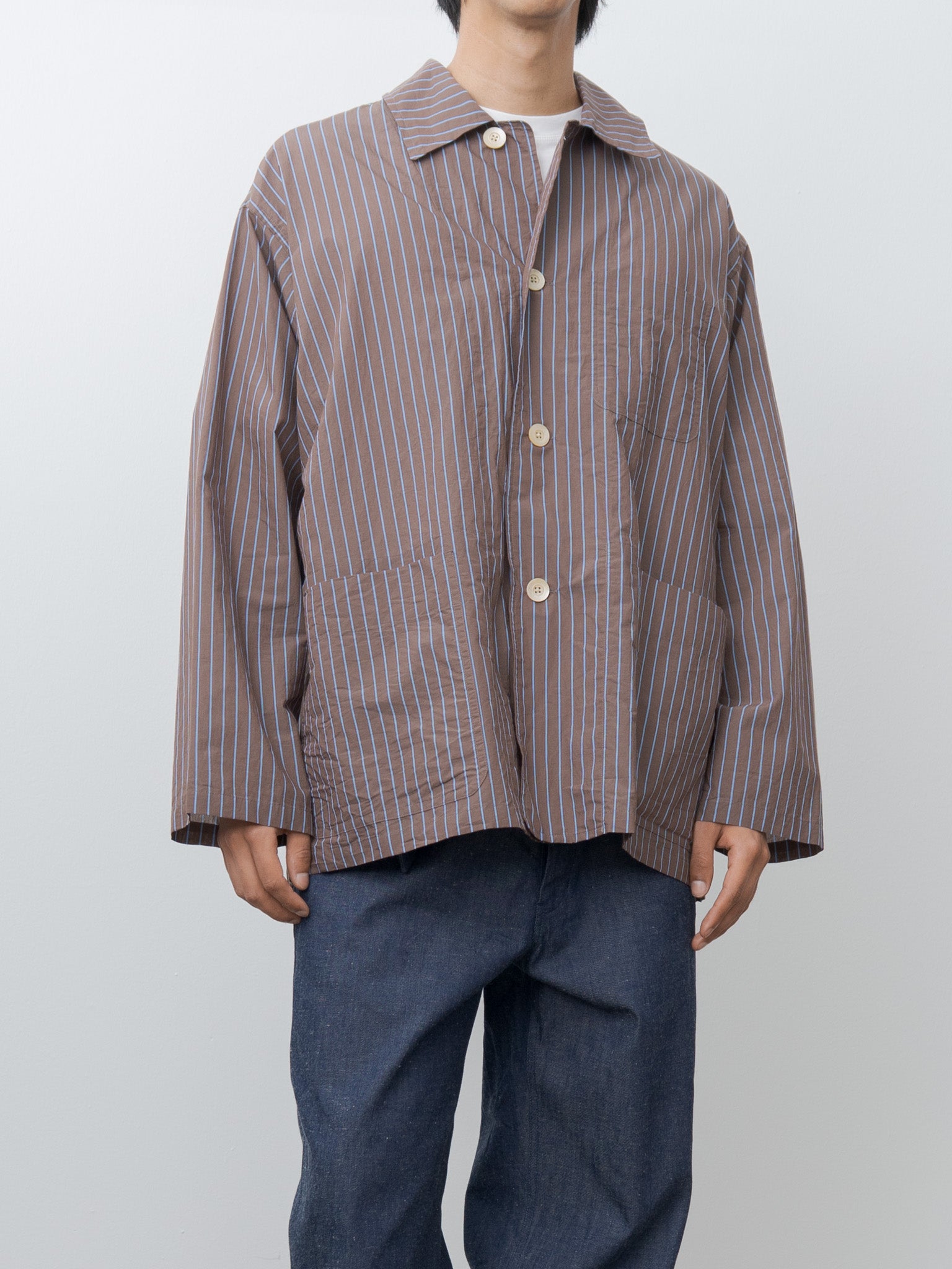 Namu Shop - ts(s) Stripe Cotton Nylon Cloth Jacket Shirt - Brown