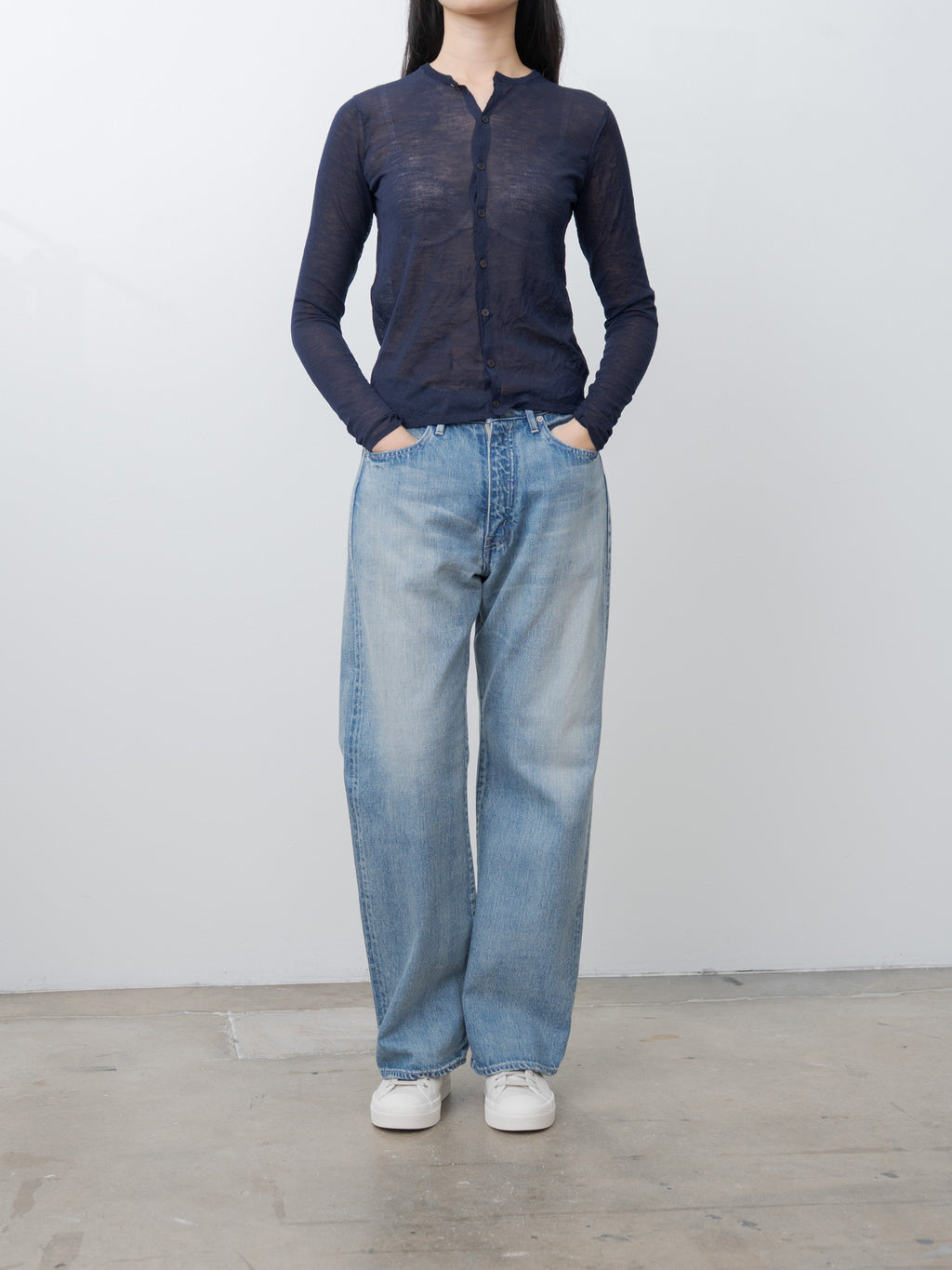 Namu Shop - Auralee Wrinkled Wool Polyester High Gauge Knit Crew Neck Cardigan - Navy