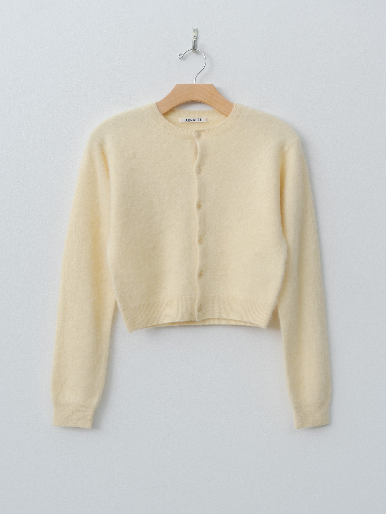 Namu Shop - Auralee Garment-Dyed Baby Alpaca Fur Knit Crew-Neck Cardigan - Ecru