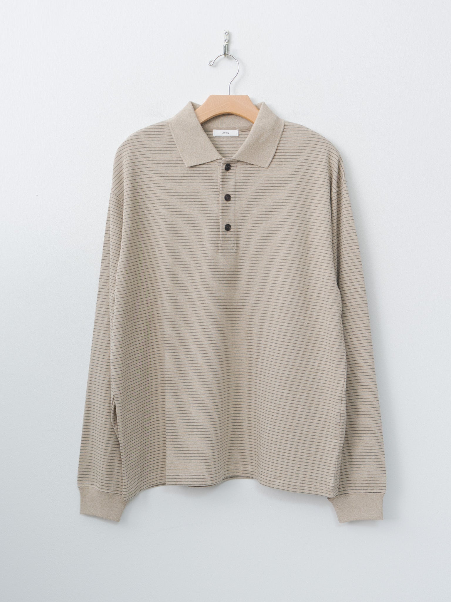 Namu Shop - Aton Suvin Double Jersey Long Sleeve Polo Shirt - Beige Stripe