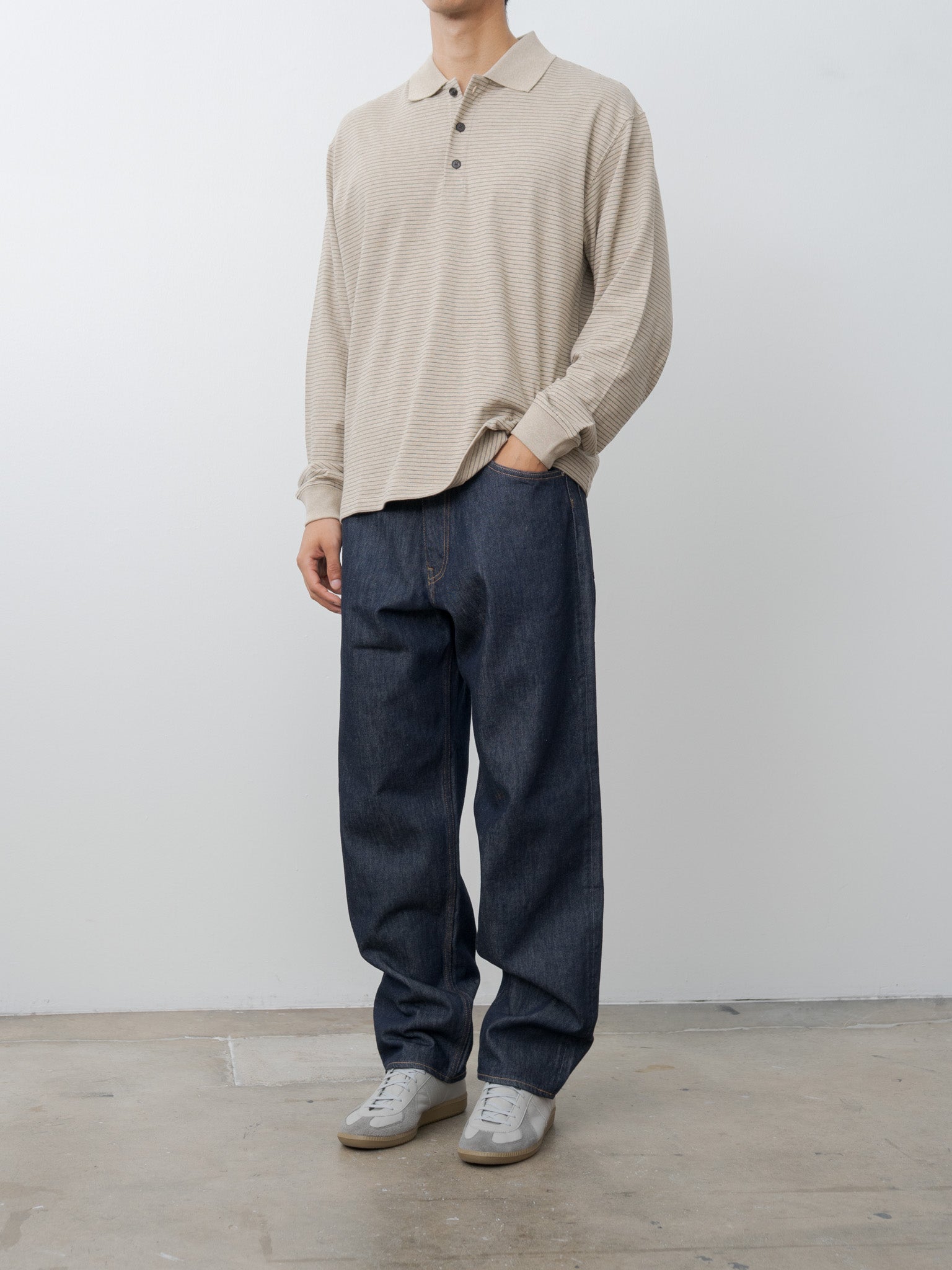Namu Shop - Aton Suvin Double Jersey Long Sleeve Polo Shirt - Beige Stripe