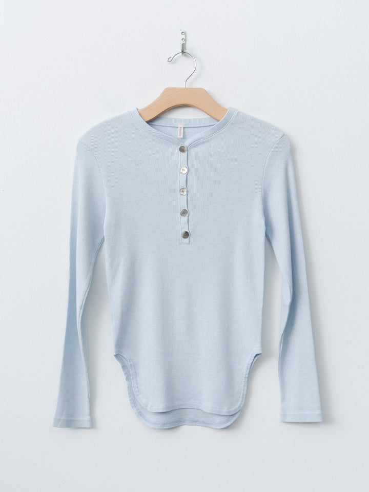 Namu Shop - Babaco Cotton/Silk Henley Neck Long Sleeve T-Shirt - Light Blue