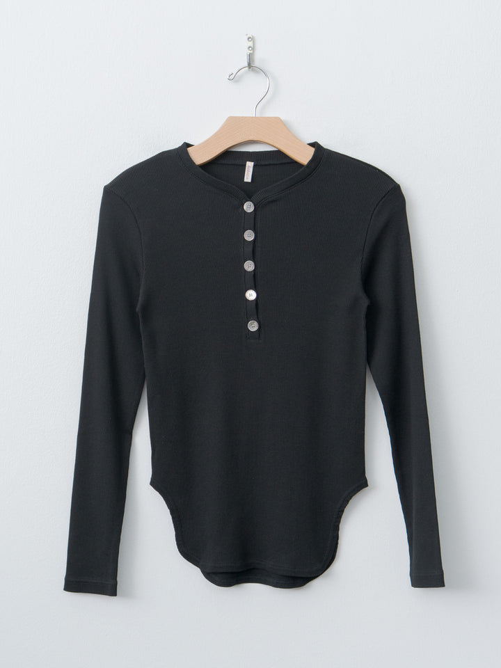 Namu Shop - Babaco Cotton/Silk Henley Neck Long Sleeve T-Shirt - Black