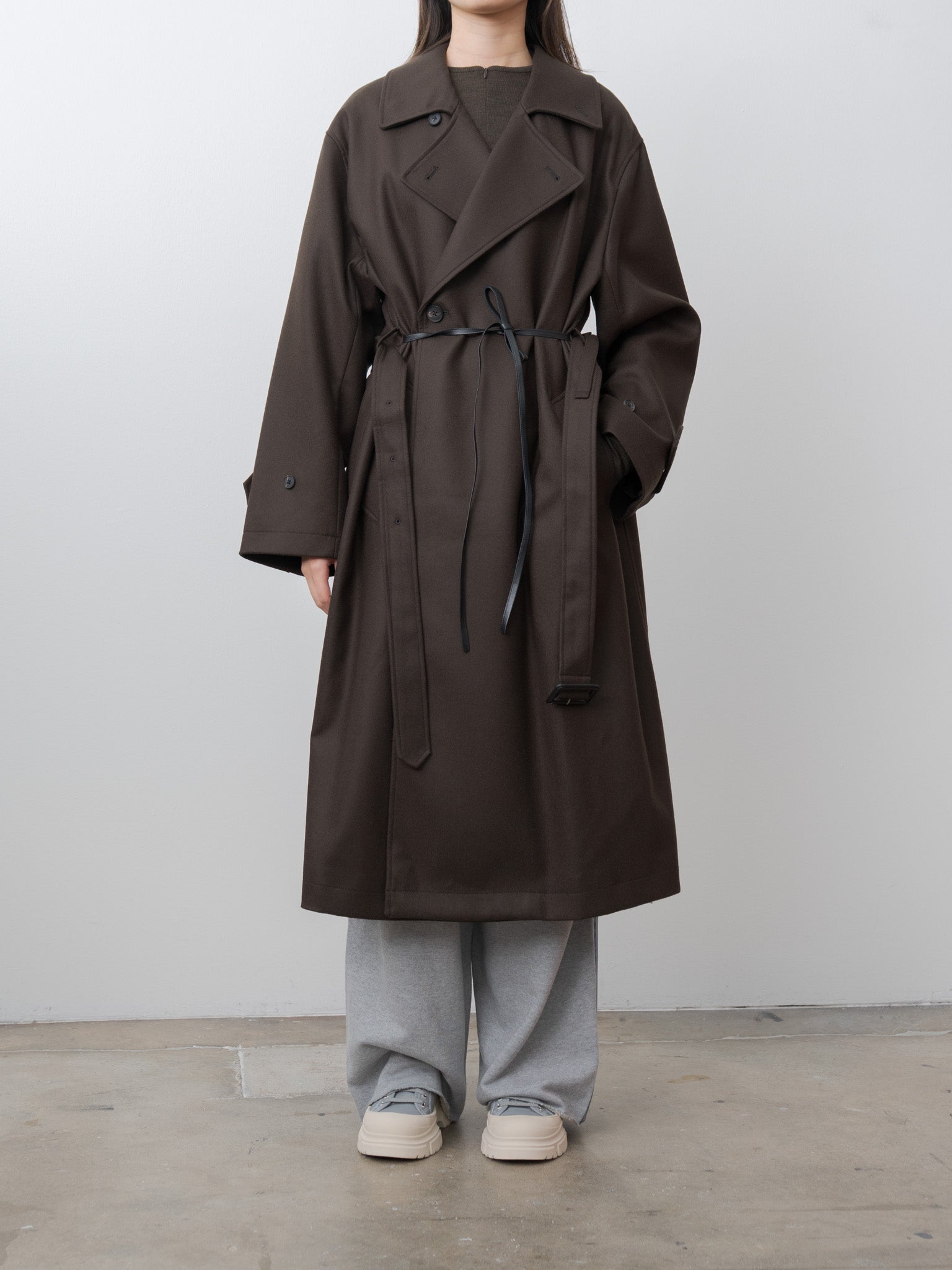 Namu Shop - ssstein Oversized Double Breasted Coat with Leather Tie - Gray Brown