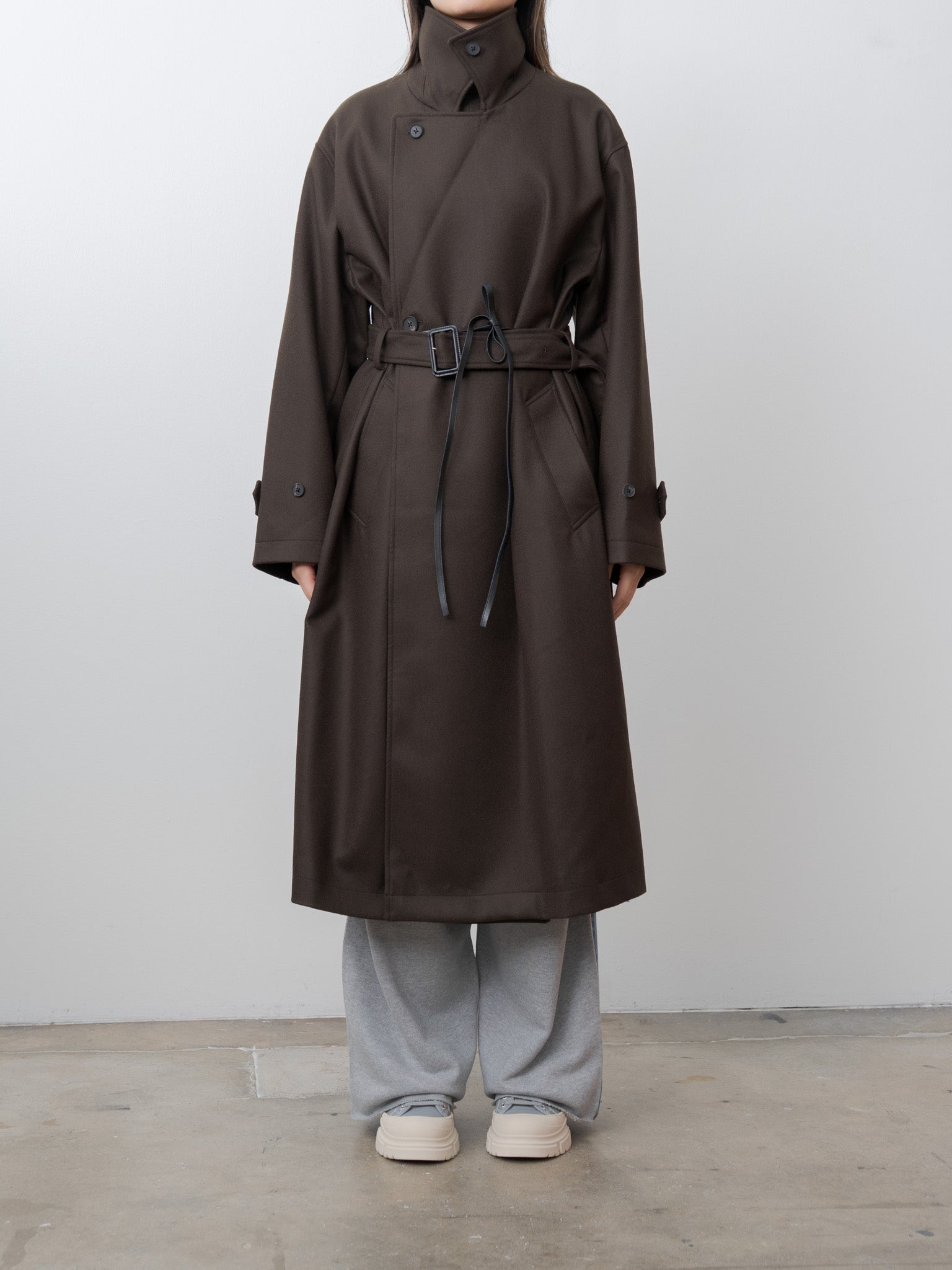 Namu Shop - ssstein Oversized Double Breasted Coat with Leather Tie - Gray Brown