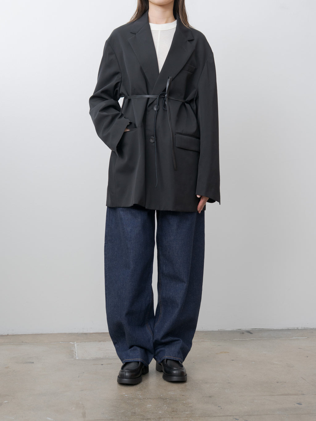 Namu Shop - ssstein Oversized Single Breasted Long Jacket with Leather Tie - Black