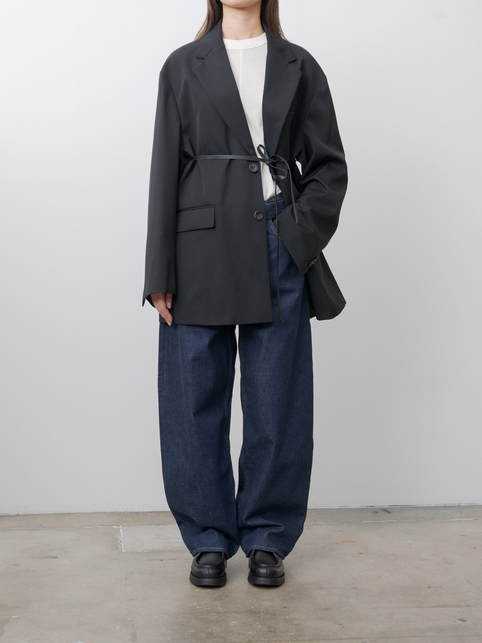 Namu Shop - ssstein Oversized Single Breasted Long Jacket with Leather Tie - Black