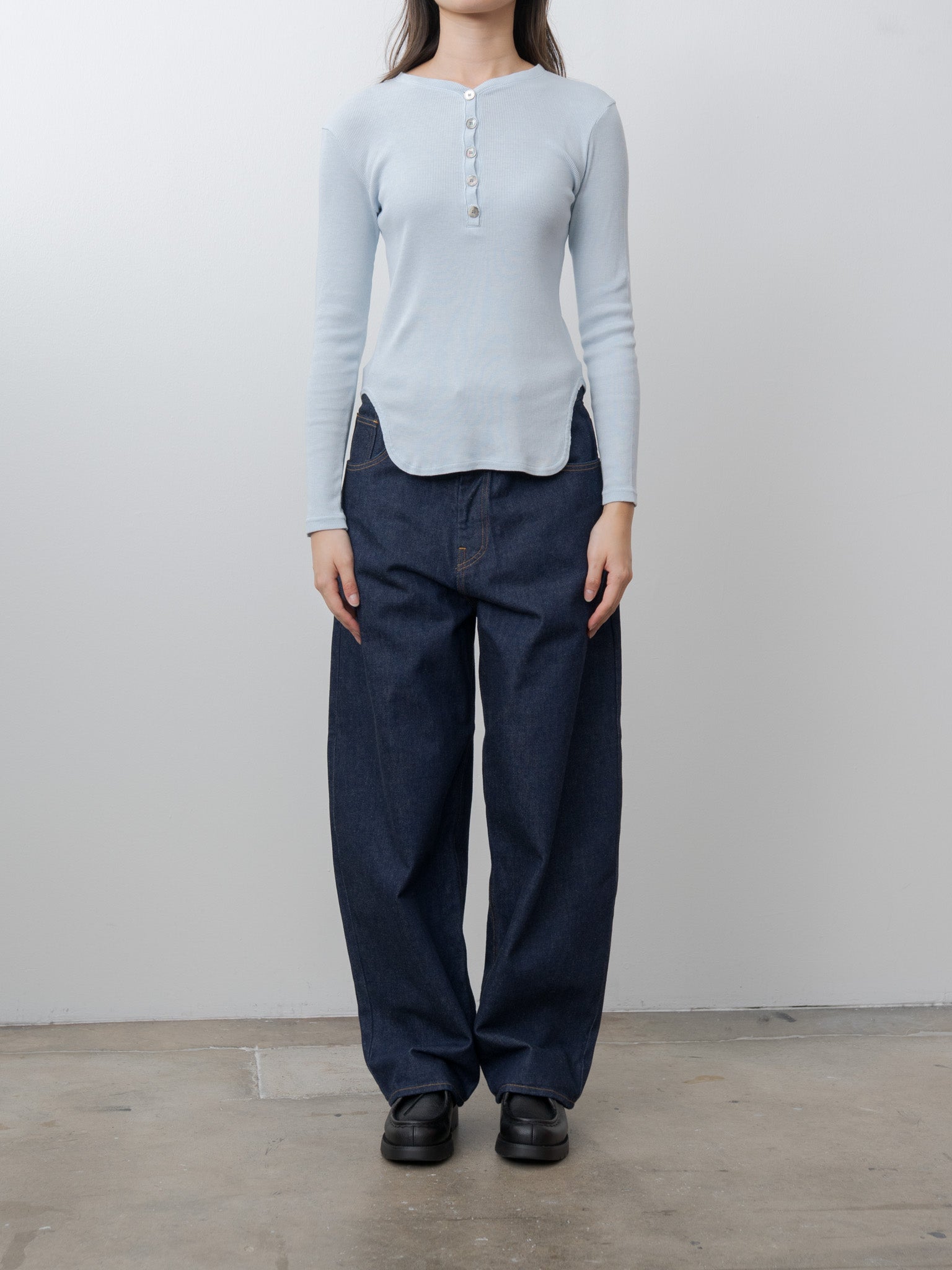 Namu Shop - Babaco Cotton/Silk Henley Neck Long Sleeve T-Shirt - Light Blue