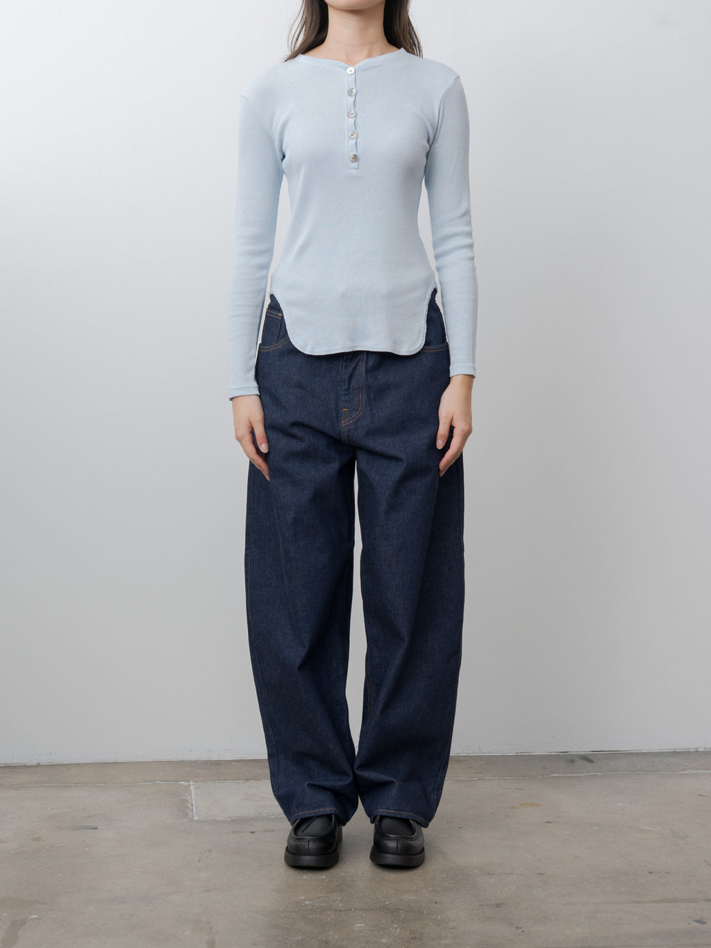 Namu Shop - Babaco Cotton/Silk Henley Neck Long Sleeve T-Shirt - Light Blue