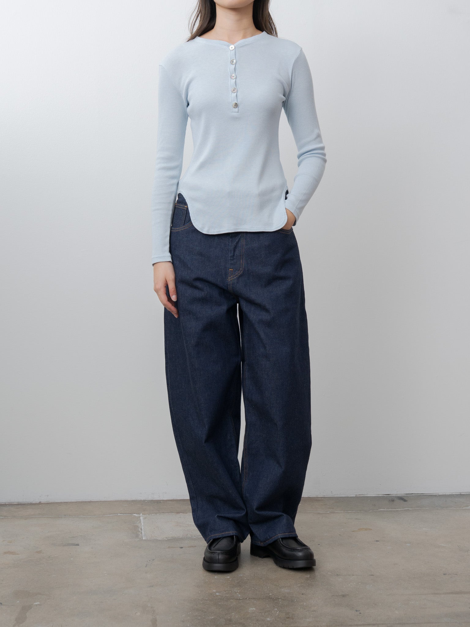Namu Shop - Babaco Cotton/Silk Henley Neck Long Sleeve T-Shirt - Light Blue