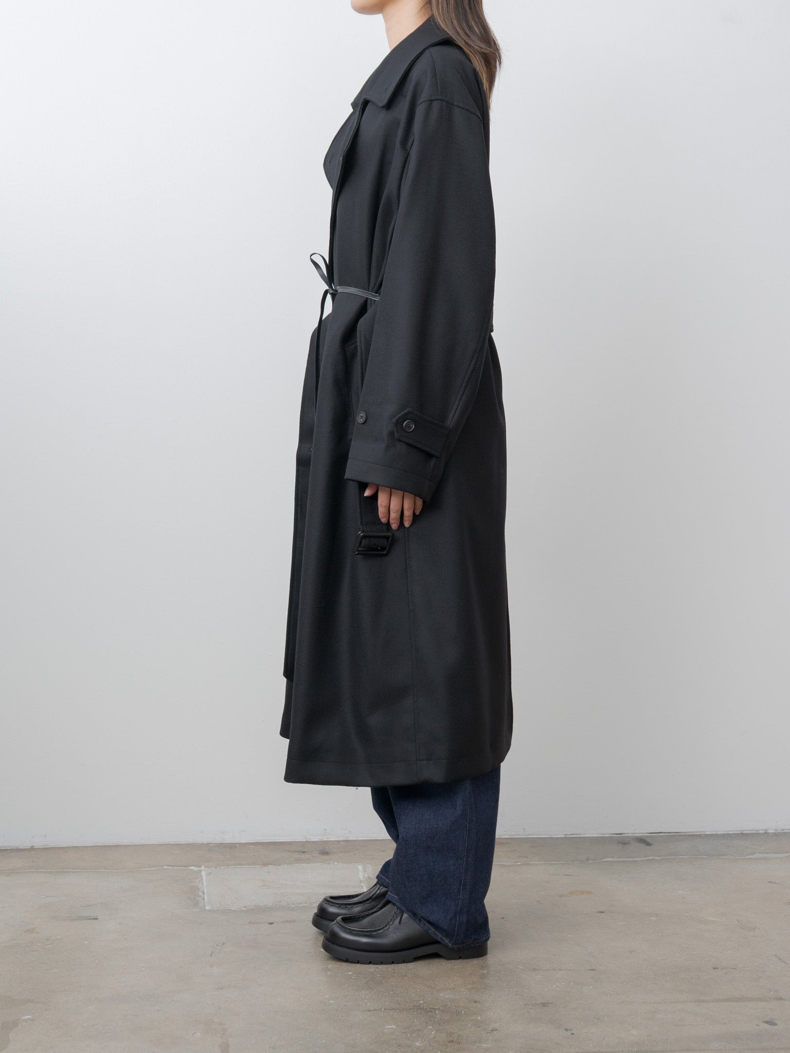Namu Shop - ssstein Oversized Double Breasted Coat with Leather Tie - Black