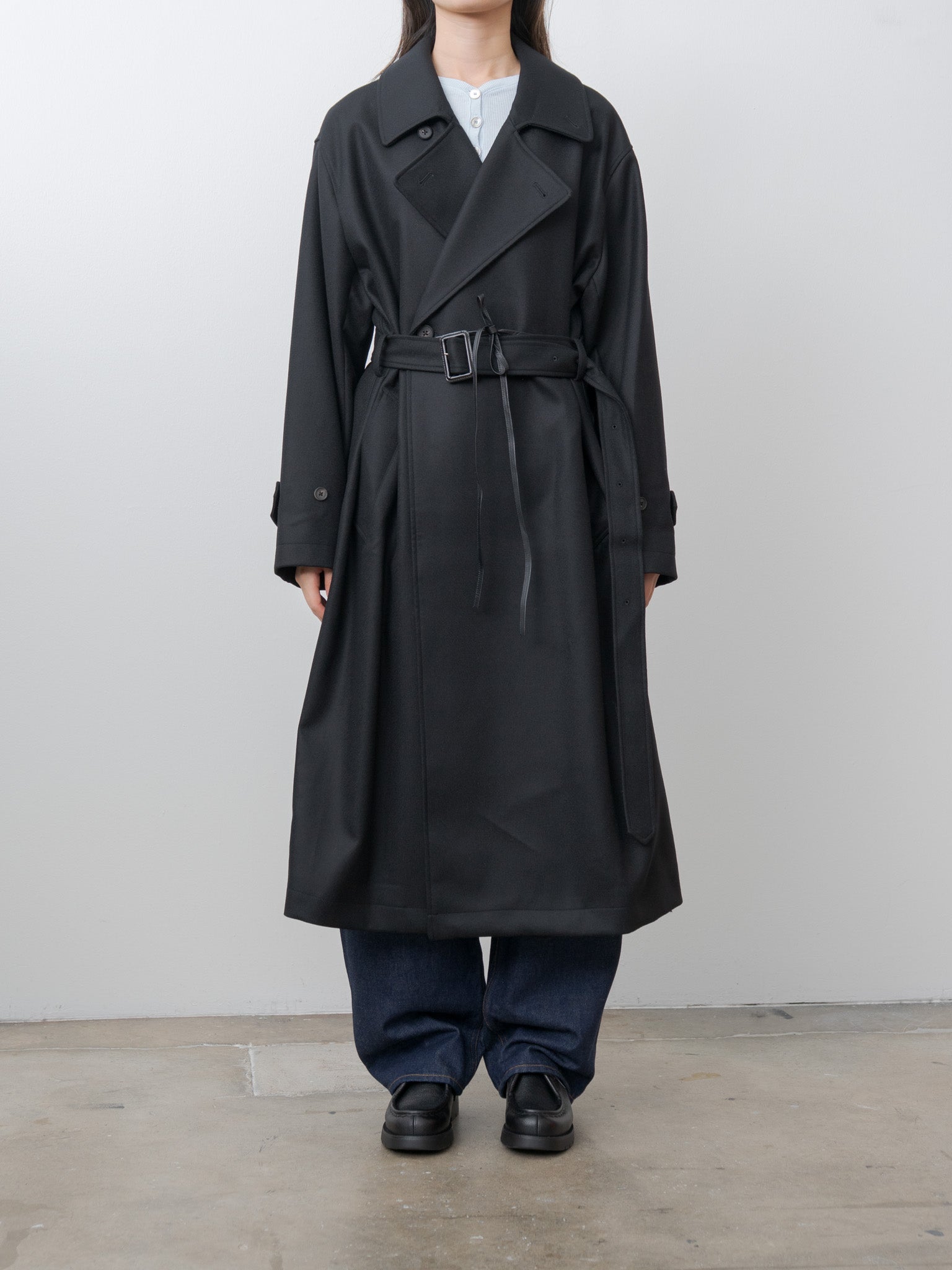 Namu Shop - ssstein Oversized Double Breasted Coat with Leather Tie - Black