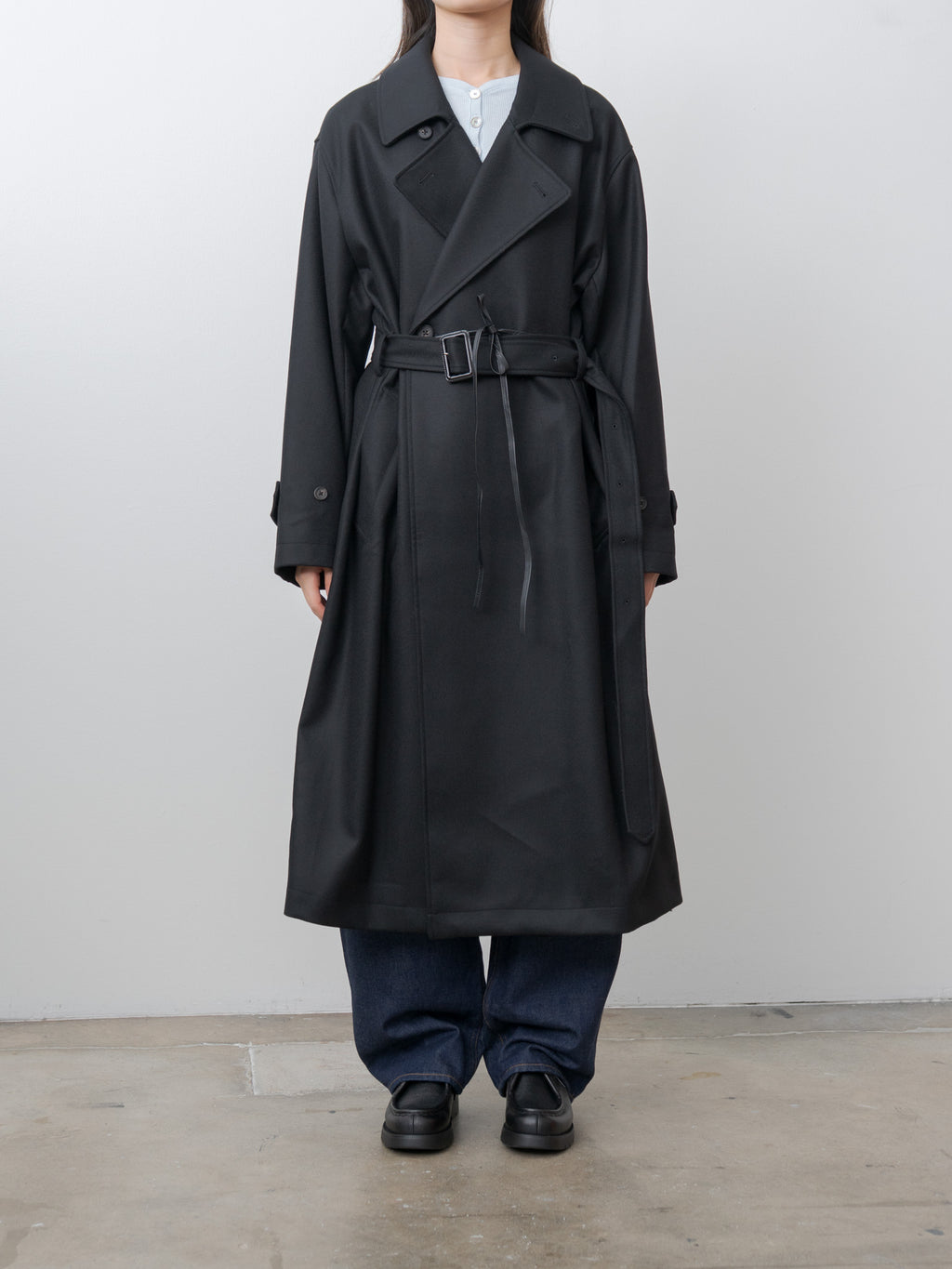 Namu Shop - ssstein Oversized Double Breasted Coat with Leather Tie - Black