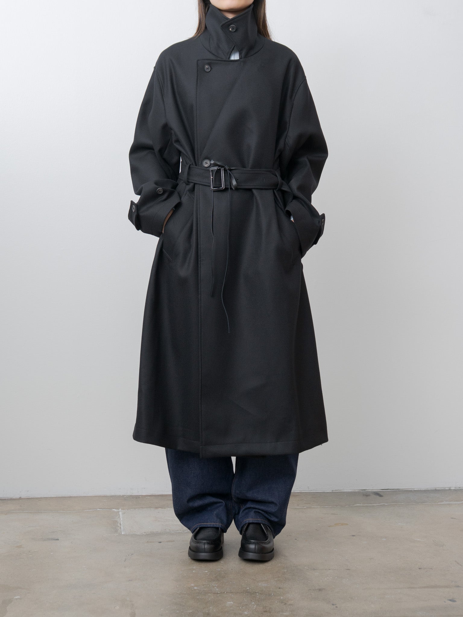 Namu Shop - ssstein Oversized Double Breasted Coat with Leather Tie - Black