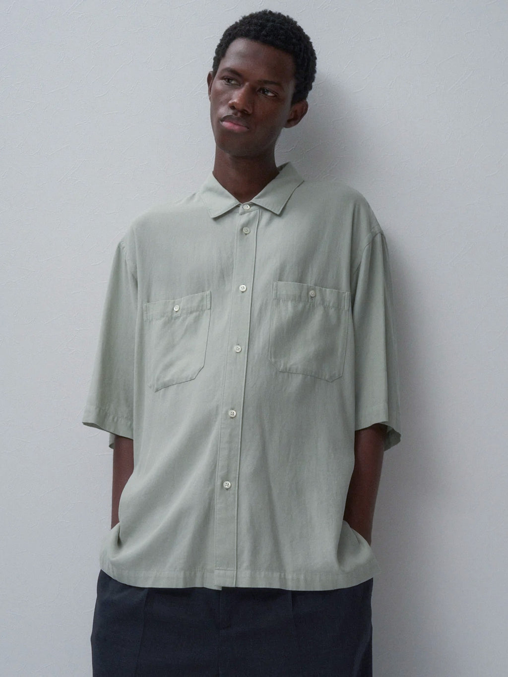 Namu Shop - Aton Cotton Silk Viera Loose Fit Half Sleeve Shirt - Green