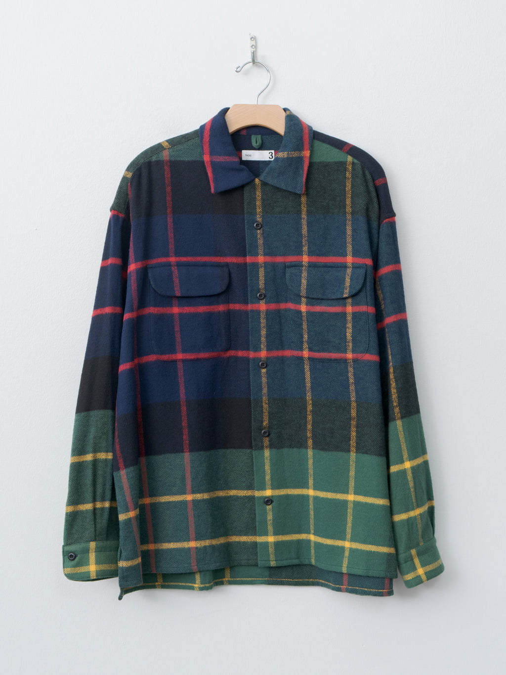 Namu Shop - ts(s) Large Tartan Plaid Cotton Flannel Twill Round Flap Pocket Baggy Shirt - Navy