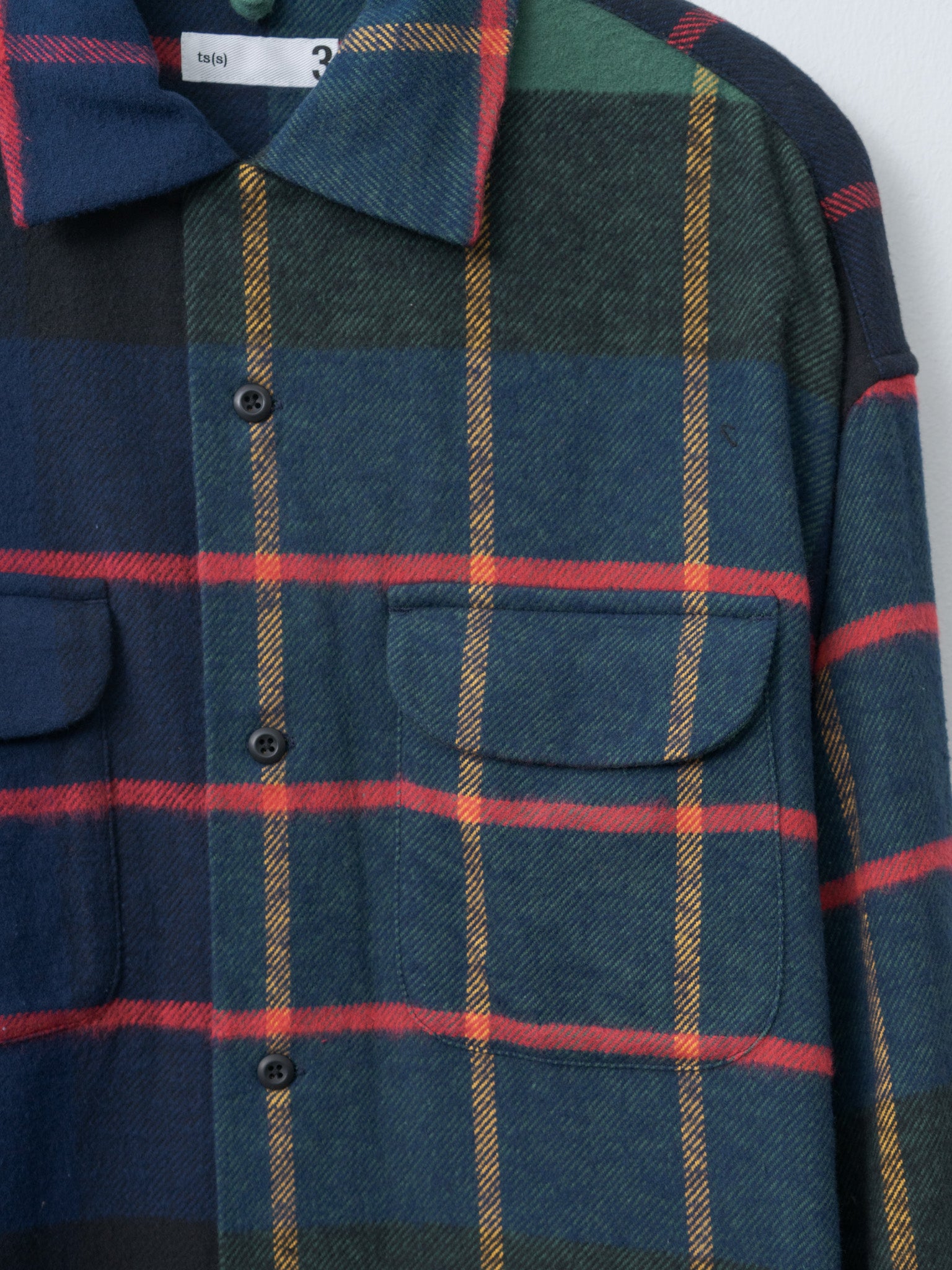 Namu Shop - ts(s) Large Tartan Plaid Cotton Flannel Twill Round Flap Pocket Baggy Shirt - Navy