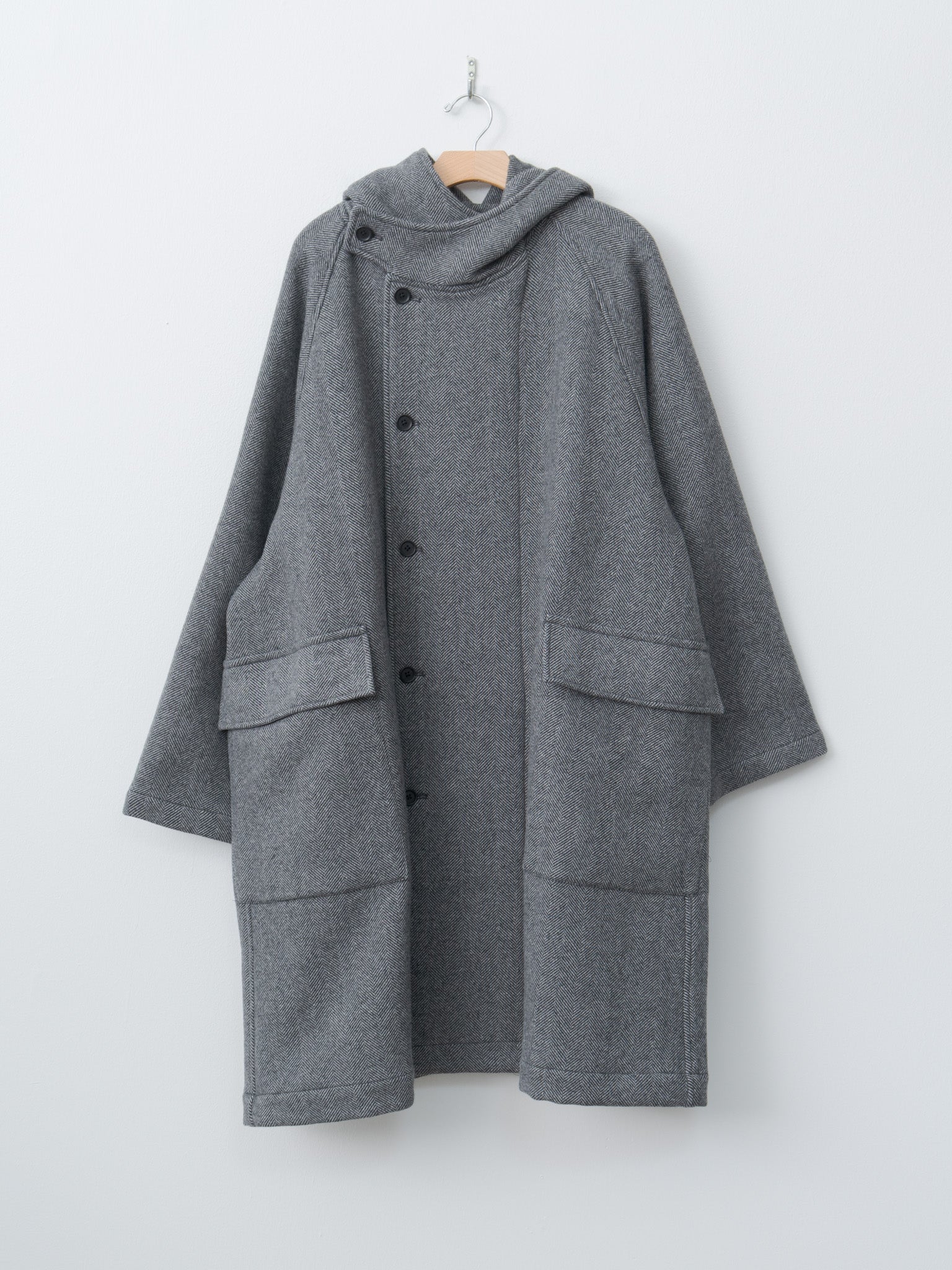 Namu Shop - ts(s) Herringbone Wool/Nylon Double Cloth Raglan Sleeve Hooded Easy Coat - Gray
