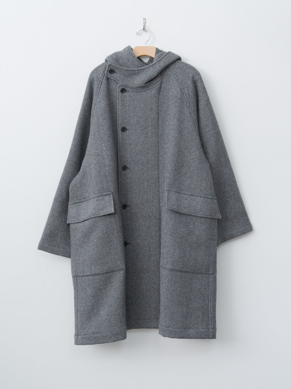 Namu Shop - ts(s) Herringbone Wool/Nylon Double Cloth Raglan Sleeve Hooded Easy Coat - Gray