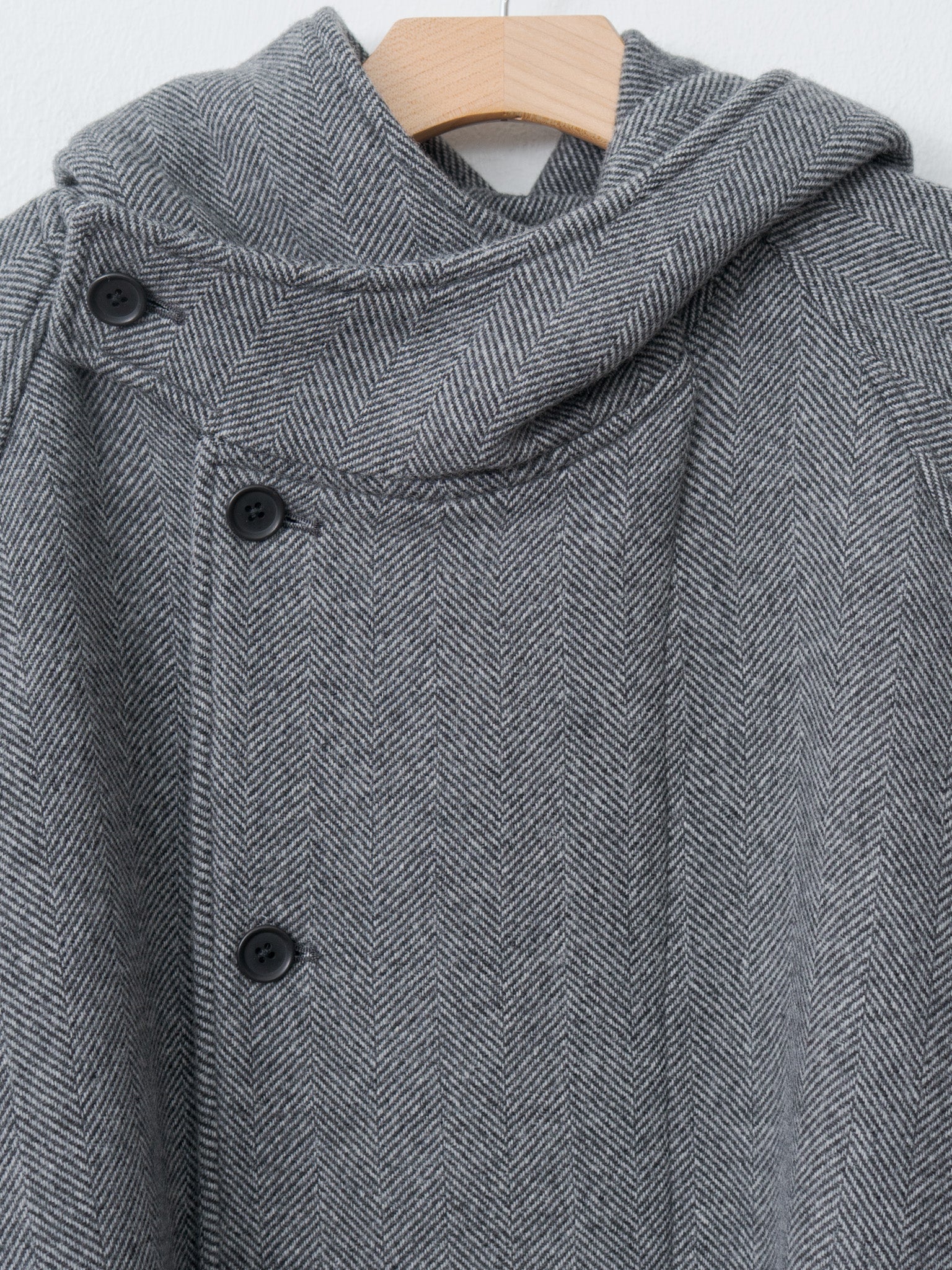 Namu Shop - ts(s) Herringbone Wool/Nylon Double Cloth Raglan Sleeve Hooded Easy Coat - Gray