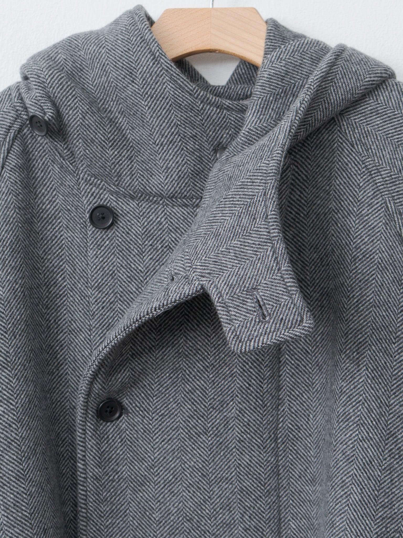 Namu Shop - ts(s) Herringbone Wool/Nylon Double Cloth Raglan Sleeve Hooded Easy Coat - Gray