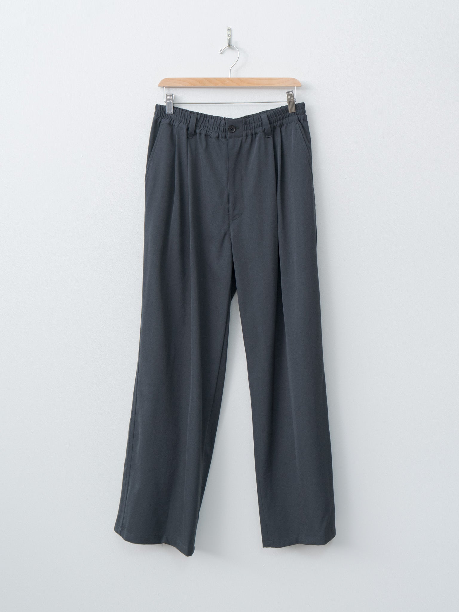 Namu Shop - Yoke Wool Washer Twill 2pleated Wide-leg Easy Trousers - Navy