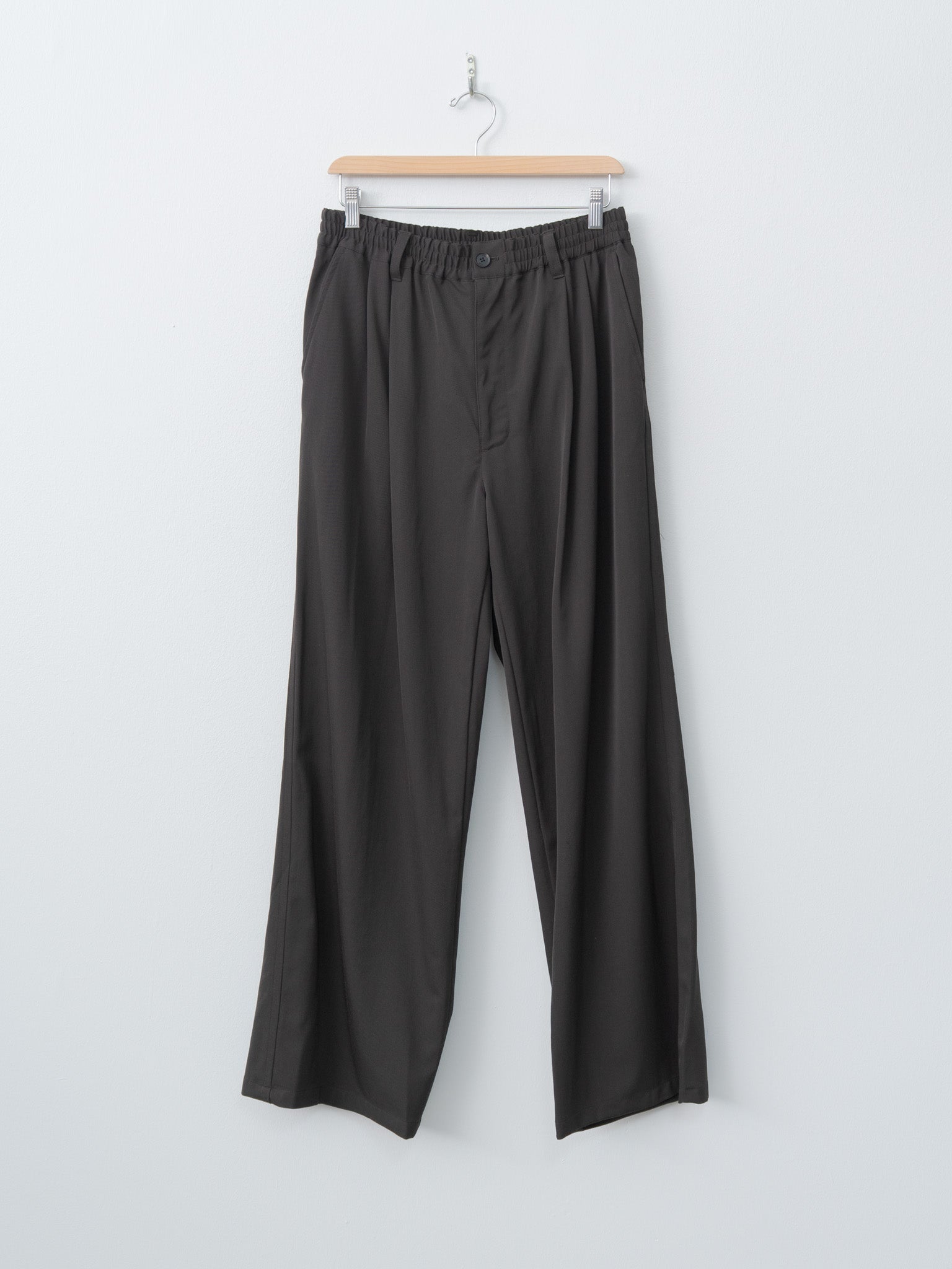 Namu Shop - Yoke Wool Washer Twill 2pleated Wide-leg Easy Trousers - Brown