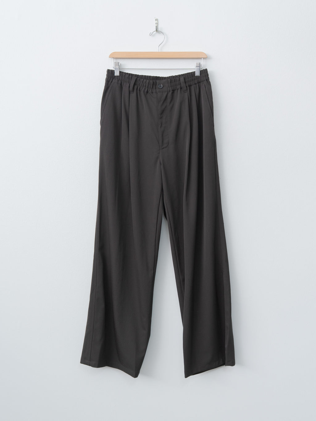 Namu Shop - Yoke Wool Washer Twill 2pleated Wide-leg Easy Trousers - Brown