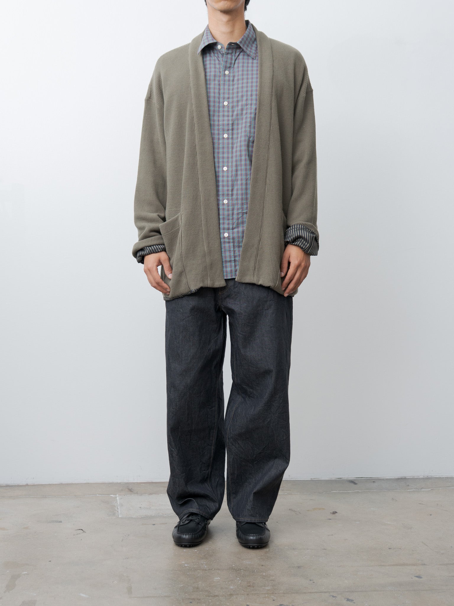 Namu Shop - ts(s) Rib Stitch Cotton Jersey Lined Easy Cardigan - Olive