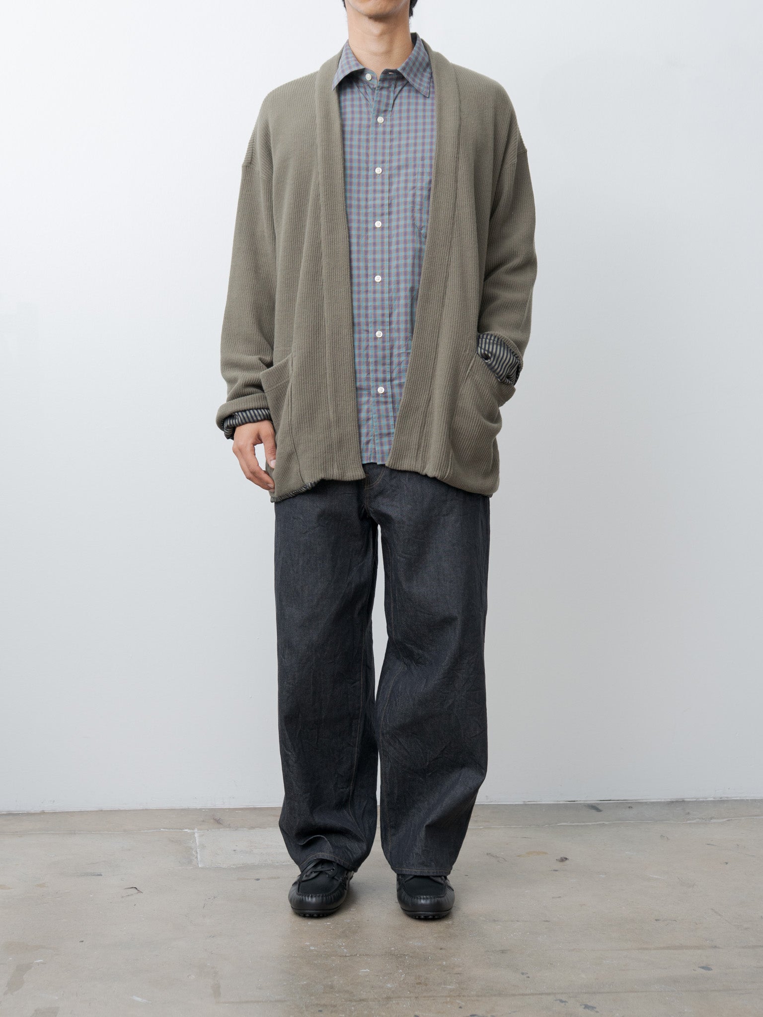 Namu Shop - ts(s) Rib Stitch Cotton Jersey Lined Easy Cardigan - Olive
