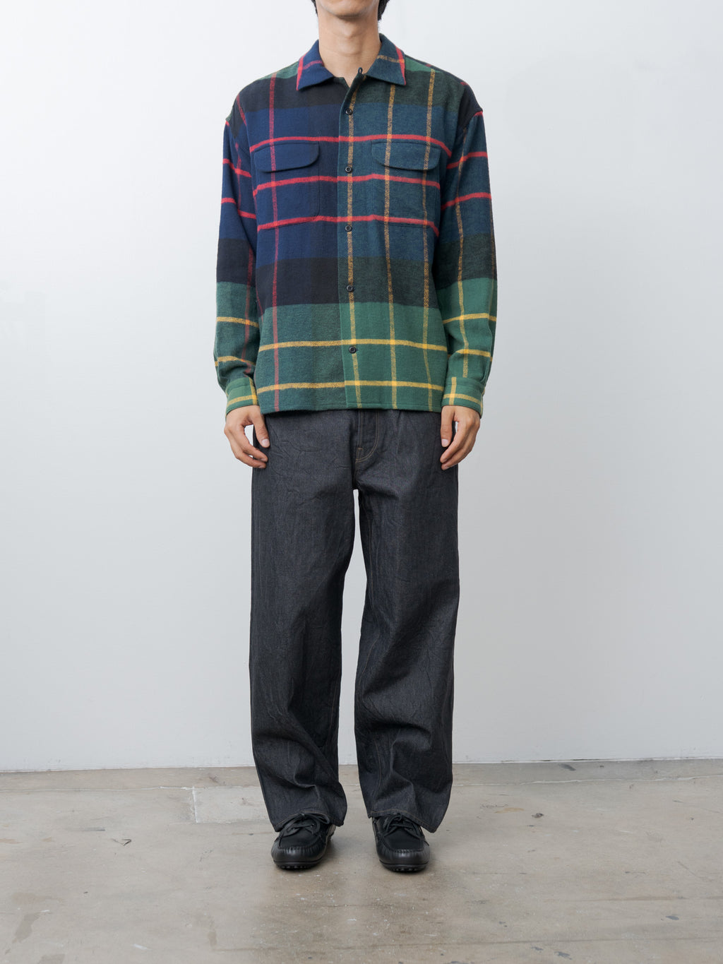 Namu Shop - ts(s) Large Tartan Plaid Cotton Flannel Twill Round Flap Pocket Baggy Shirt - Navy