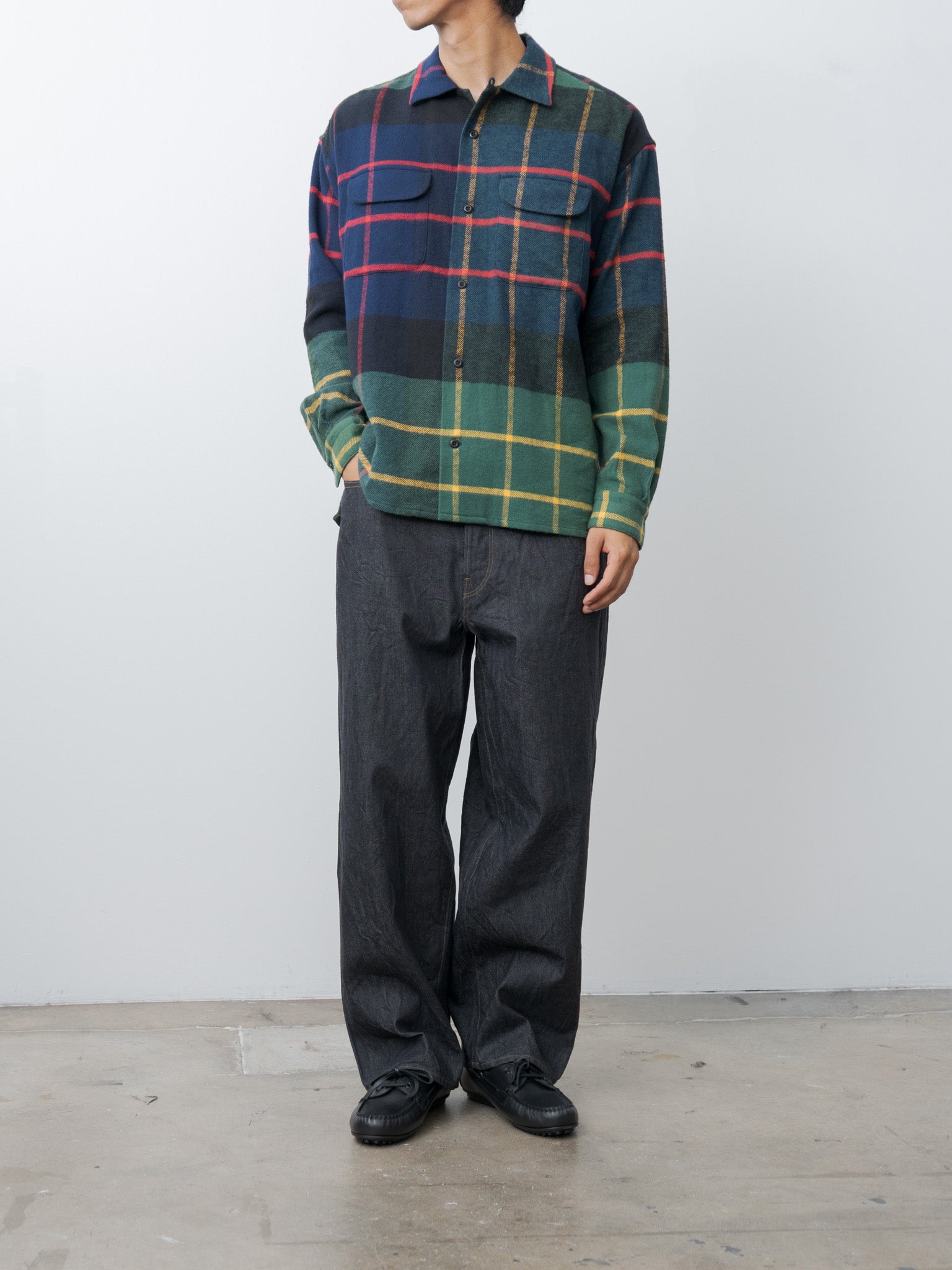 Namu Shop - ts(s) Large Tartan Plaid Cotton Flannel Twill Round Flap Pocket Baggy Shirt - Navy