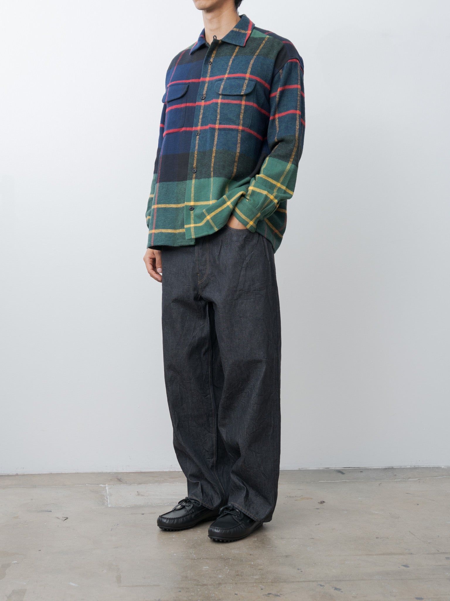Namu Shop - ts(s) Large Tartan Plaid Cotton Flannel Twill Round Flap Pocket Baggy Shirt - Navy