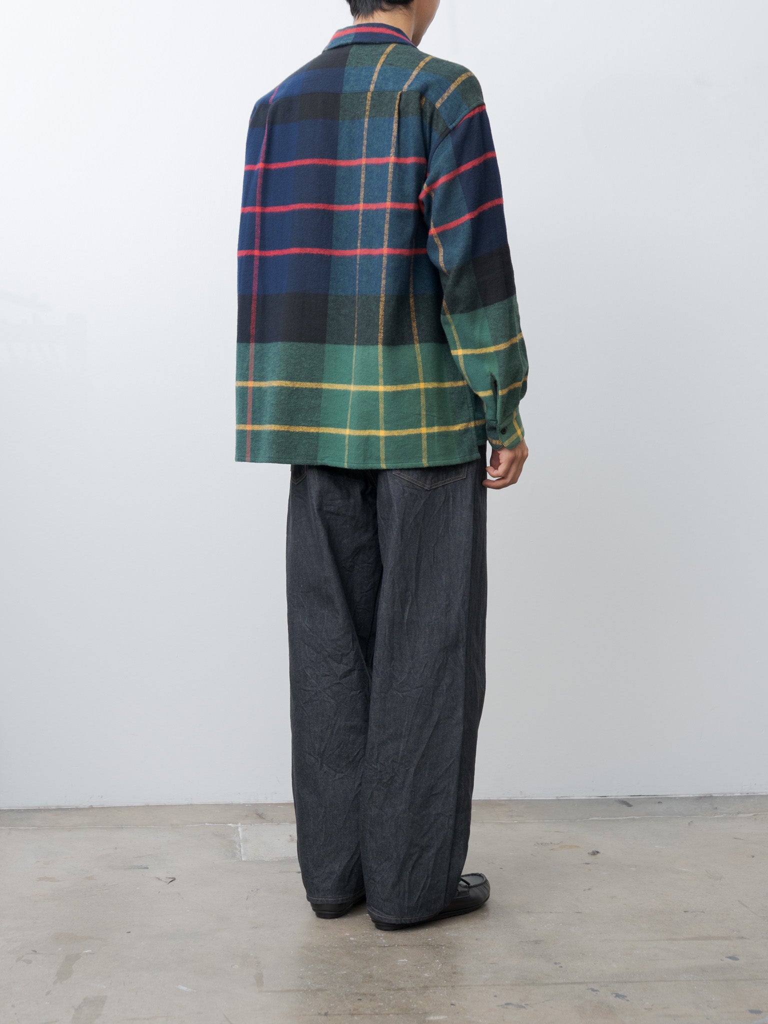 Namu Shop - ts(s) Large Tartan Plaid Cotton Flannel Twill Round Flap Pocket Baggy Shirt - Navy