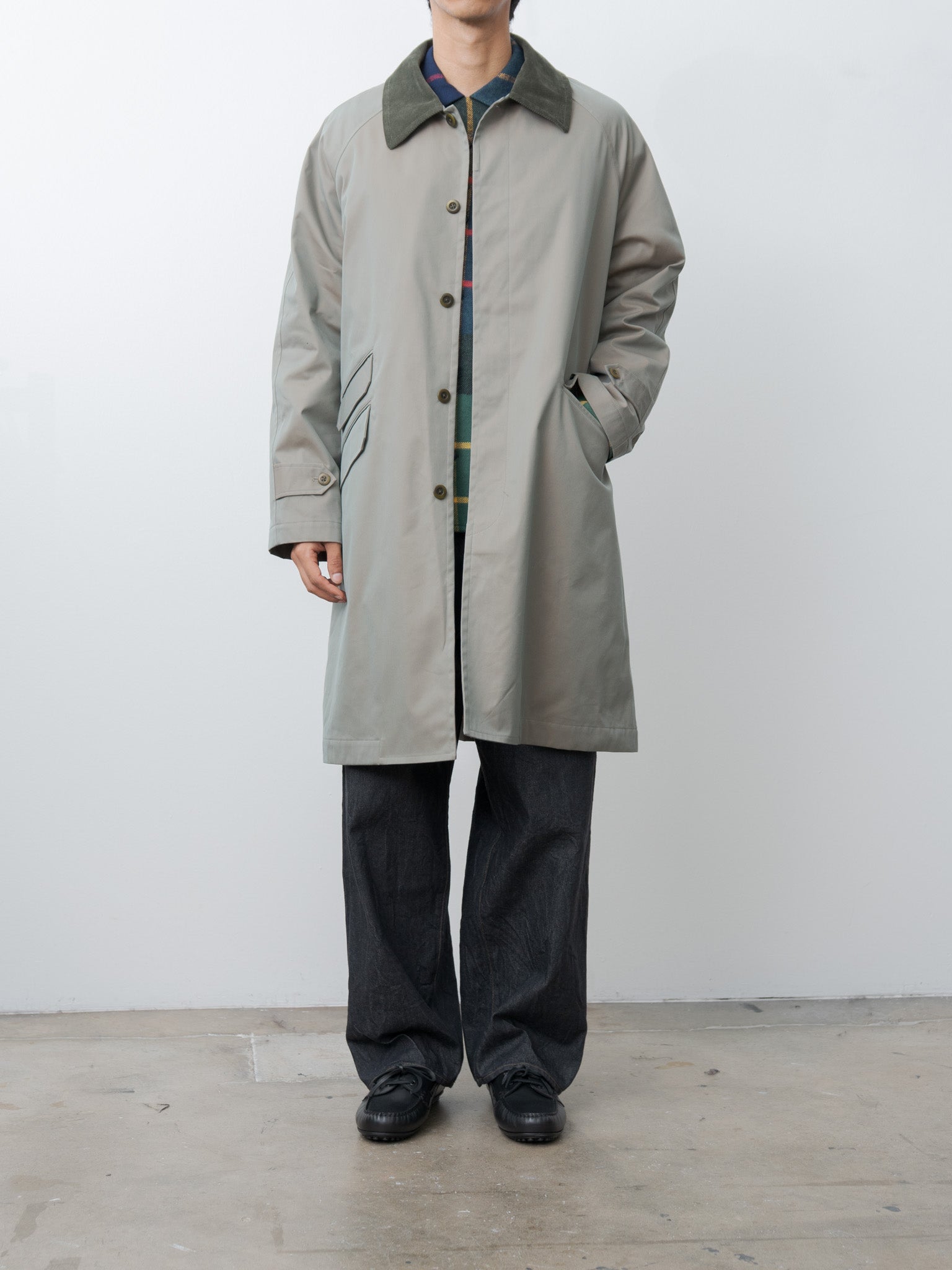 Namu Shop - ts(s) Cotton SOLOTEX Poly Chambray Stretch Twill Cloth Fly Front Raglan Sleeve Coat - Olive