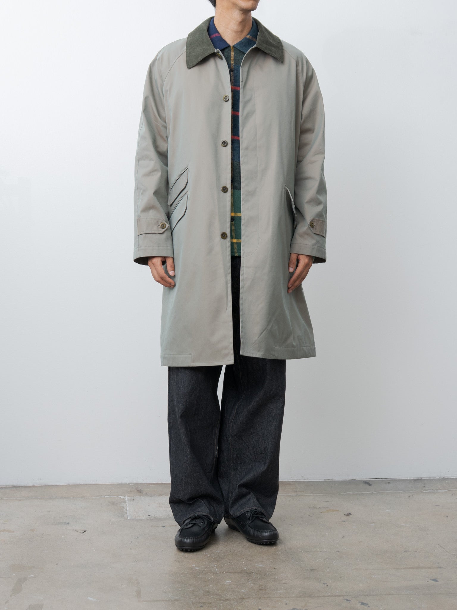 Namu Shop - ts(s) Cotton SOLOTEX Poly Chambray Stretch Twill Cloth Fly Front Raglan Sleeve Coat - Olive
